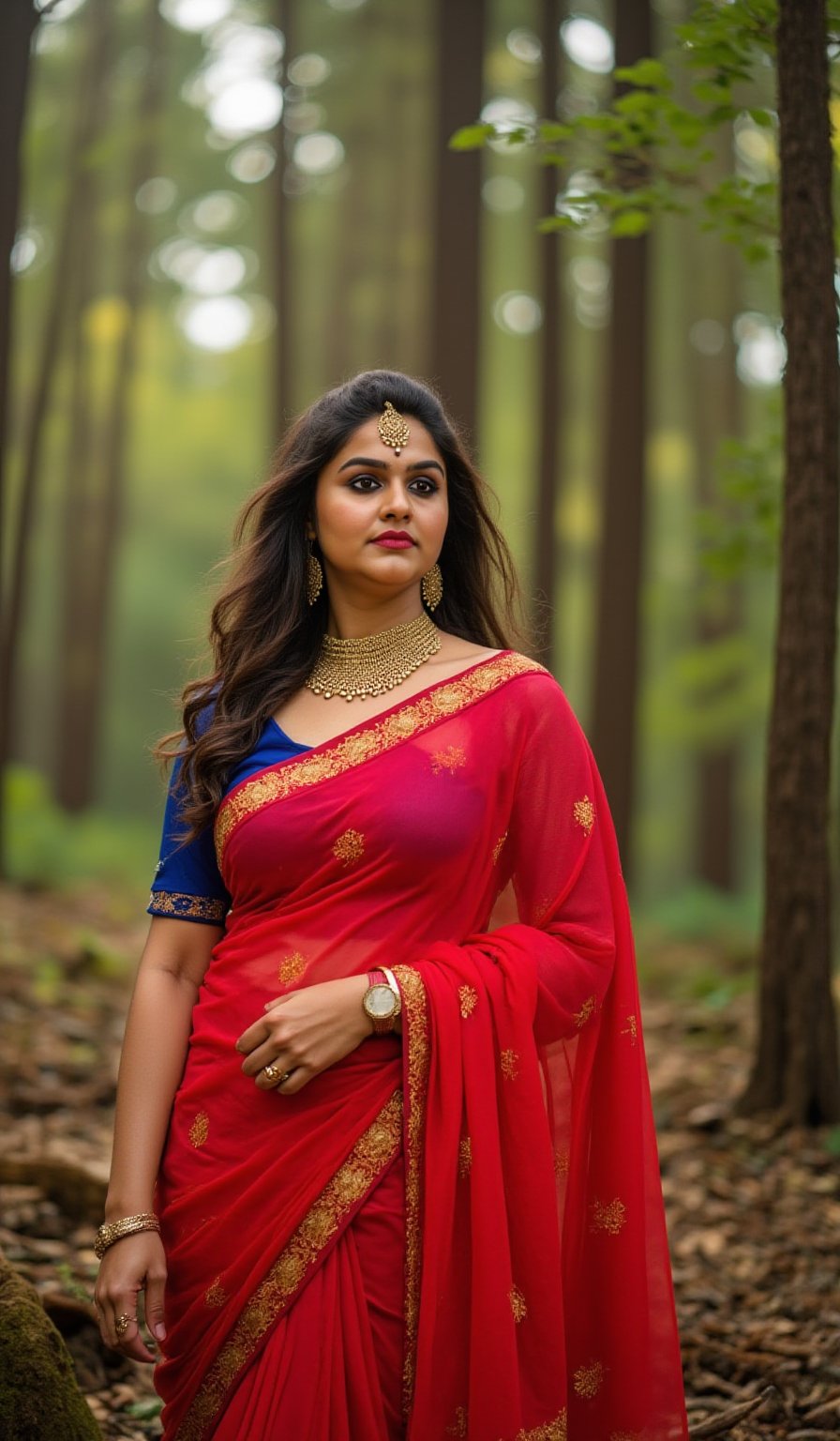 a woman with long, wavy brown hair stands in a forest. She in traditional outfit, adorned with a gold belt and a blue blouse, red saree, Her dress is adorned with gold stripes, adding a touch of color to the scene. The woman's attire is adorned by a gold necklace, adding an accent of charm to her outfit. The backdrop is lush, full of trees and foliage, creating a peaceful and natural backdrop.,mallu,Traditional,

The image is captured using a Fujifilm cinematic camera, with dramatic cinematic lighting enhancing the deep shadows and bright highlights. The scene is shot with a wide aperture, creating a shallow depth of field that blurs the forest background, making her the clear focal point. The camera angle is low, looking slightly upwards to give her an empowering, larger-than-life presence. The textures of the costume and her skin are rendered in high definition, with the soft, natural lighting adding a dreamlike quality to the image., (RAW photo, best quality), (realistic, photo-Realistic:1.1), best quality, masterpiece, beautiful and aesthetic, 16K, (HDR:1.2), high contrast, (vibrant color:1.3), (muted colors, dim colors, soothing tones:0), cinematic lighting, ambient lighting, sidelighting, Exquisite details and textures, cinematic shot, Warm tone, (Bright and intense:1.1), wide shot, by xm887, ultra realistic illustration, siena natural ratio,	head to thigh portrait,	long Wave hair, Traditional 