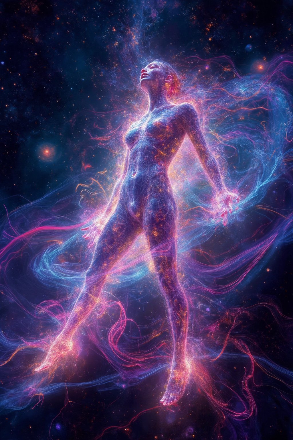 A cosmic vision of a seductive woman, her body emitting radiant energy and glowing plasma. Her form is lifelike and detailed, rendered in ultra-high definition, with her skin reflecting a soft neon glow. Swirling energy fields surround her, as vibrant plasma flows from her body into the cosmic background of stars and galaxies. The overall scene is a masterpiece, blending the sensual beauty of the woman with otherworldly cosmic power.
