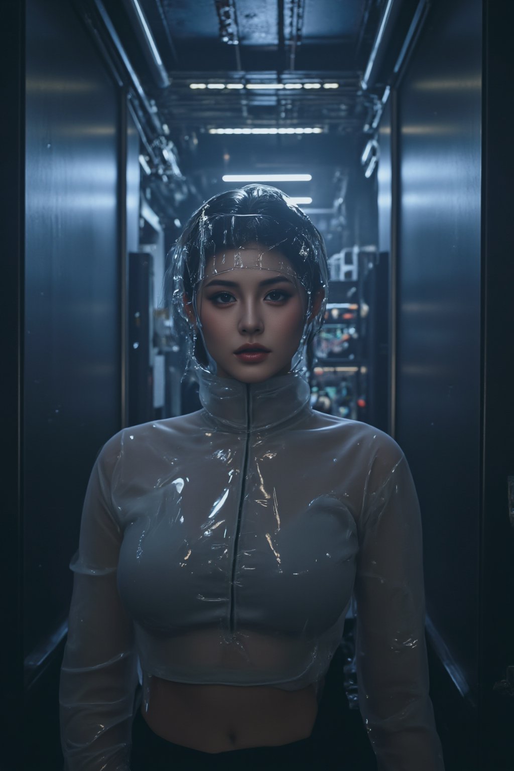 photorealistic,portrait of hubggirl, A dramatic shot, smoky backdrop, a stunning cybernetic girl stands tall within a docking station's metallic confines. She gazes intensely through enhanced sensory capabilities, her porcelain skin illuminated by the glass hair cage's soft glow and refracted holographic projections..,Sree,Fantasy cosplay 