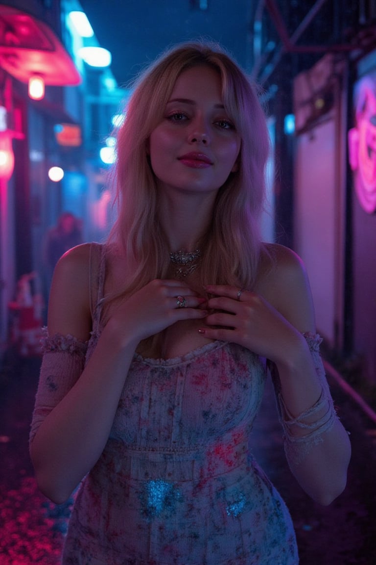 A hyper-realistic DSLR photo of a swedish woman with blonde hair, wearing a bustier dress catches the soft glow of neon lights, giving off a cozy and comfortable feel against the dark industrial backdrop. The figure's charming smile and warm eyes add a cute contrast to the gritty cyberpunk environment. The metal implants are visible through the fuzz, highlighted in neon blue and pink. Rain-soaked streets reflect light, adding depth to cinematic scenes. Created Using: DSLR Lens, cinematic lighting, detailed fuzz textures, metallic details, neon reflection effects, cyberpunk aesthetic, cozy yet dark atmosphere, contrasting highlights,tronggg,30curvy,Plumb 