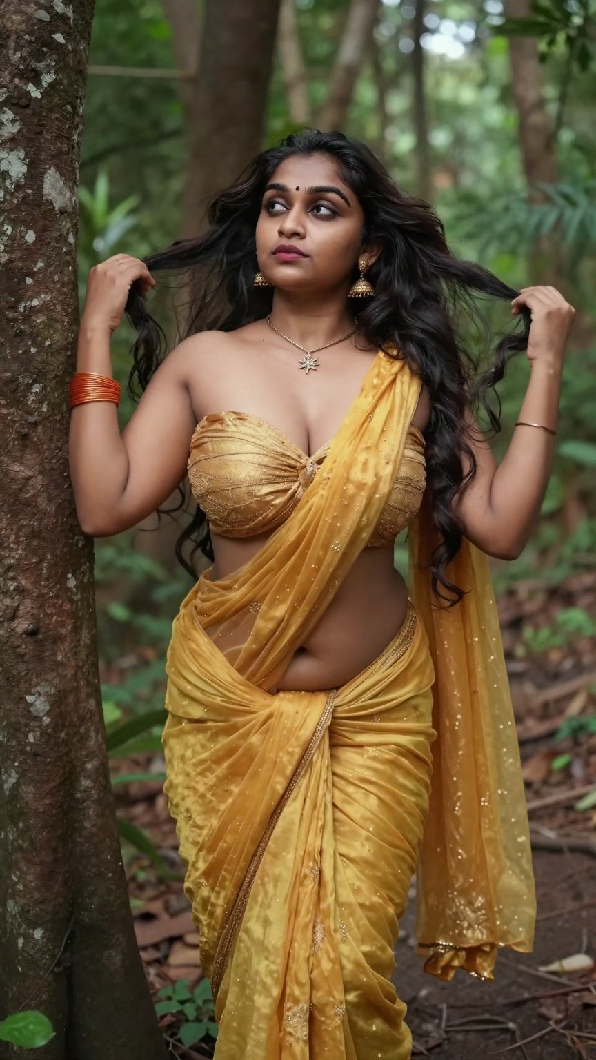 Cinematic photograph of a tall young South Asian woman with realistic warm skin tone and very very long thigh-length wavy...