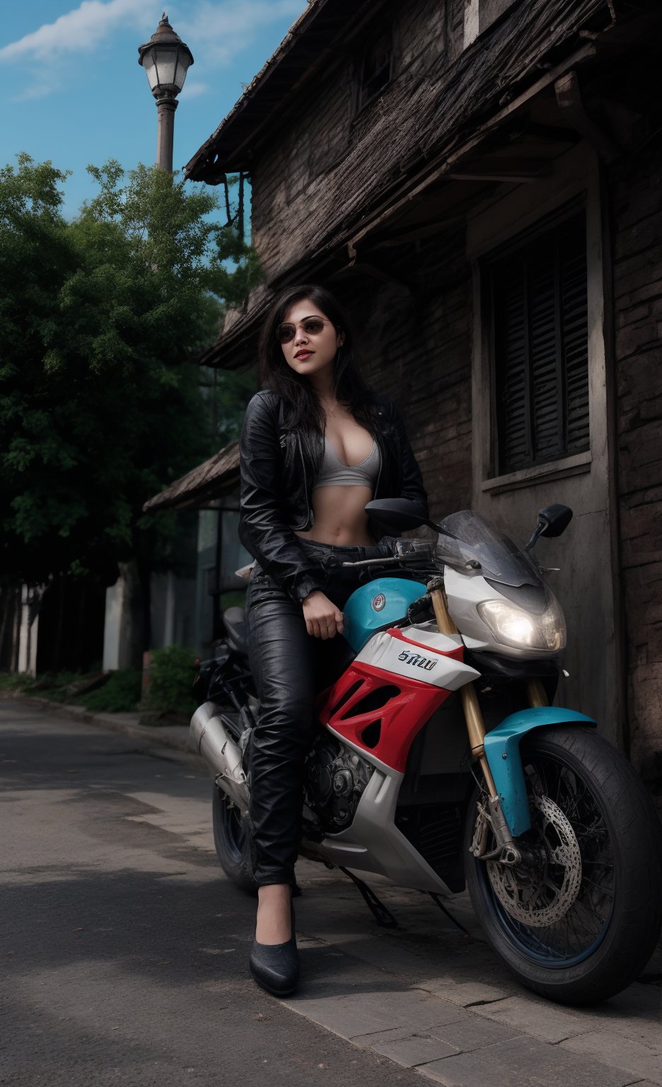 A stunning Malayali woman with short hair, dressed in a modern, stylish outfit that exposes her midriff. She is confidently riding a BMW S1000RR motorcycle, captured in a realistic, high-definition photography style. The woman has an expressive face, reflecting excitement and thrill as she rides the bike. Her outfit is contemporary, perhaps a crop top paired with high-waisted jeans or a leather jacket, fitting the sleek and bold vibe of the scene.

The image is color graded in a cinematic style, reminiscent of the Matrix movie, with a strong teal and orange color palette that enhances the intensity of the scene. The lighting creates a dramatic effect, highlighting the contours of her face and the shine of the motorcycle. The background is slightly blurred to emphasize motion, but still hints at an urban environment. The overall composition exudes a sense of modernity, freedom, and adventure, with the woman and the bike as the focal points. Perfect bike size, 
