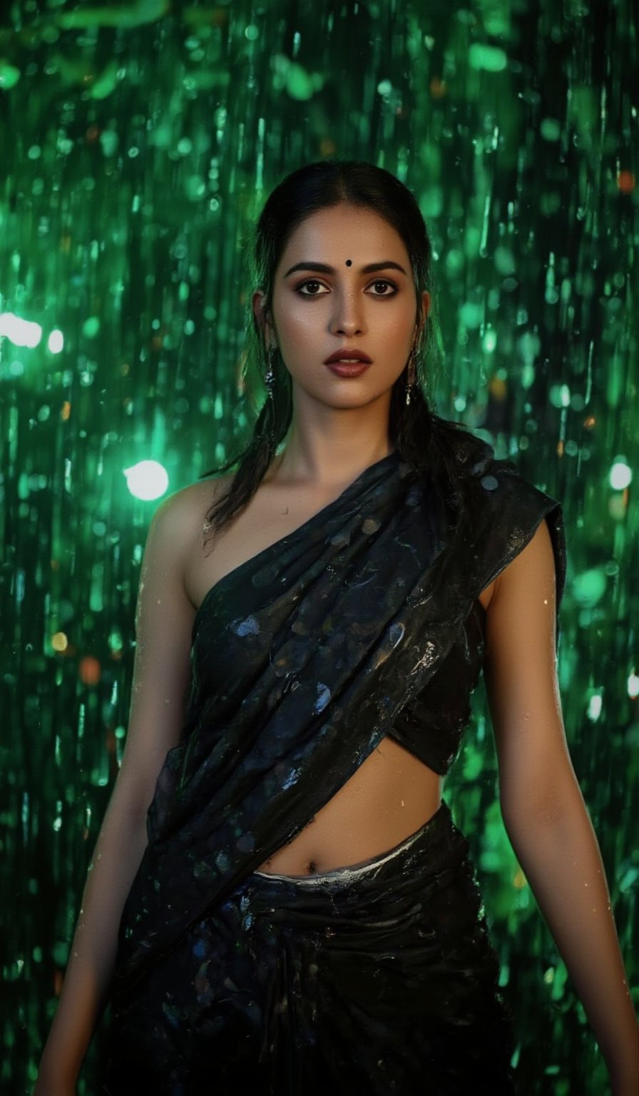 A photorealistic portrait of an Indian woman in her late 20s with dark brown skin, long straight black hair, and sharp features. She is dressed in a sleek black saree with futuristic, tech-inspired accessories. Her eyes  giving her a mysterious, powerful look. The background is a dark, cyberpunk cityscape with green digital rain falling behind her, reminiscent of the Matrix. The lighting is low, with glowing neon lights reflecting off her leather outfit, enhancing the dramatic, action-movie atmosphere.,Realistic,Blond busty,Realistic,Blond busty 