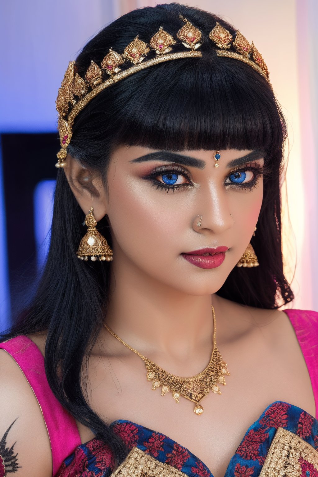 (best quality, highres, ultra-detailed:1.2), vibrant colors, realistic lighting, traditional painting, exotic beauty, mesmerizing eyes, elegant jewelry, ornate headpiece, intricate henna design, traditional attire