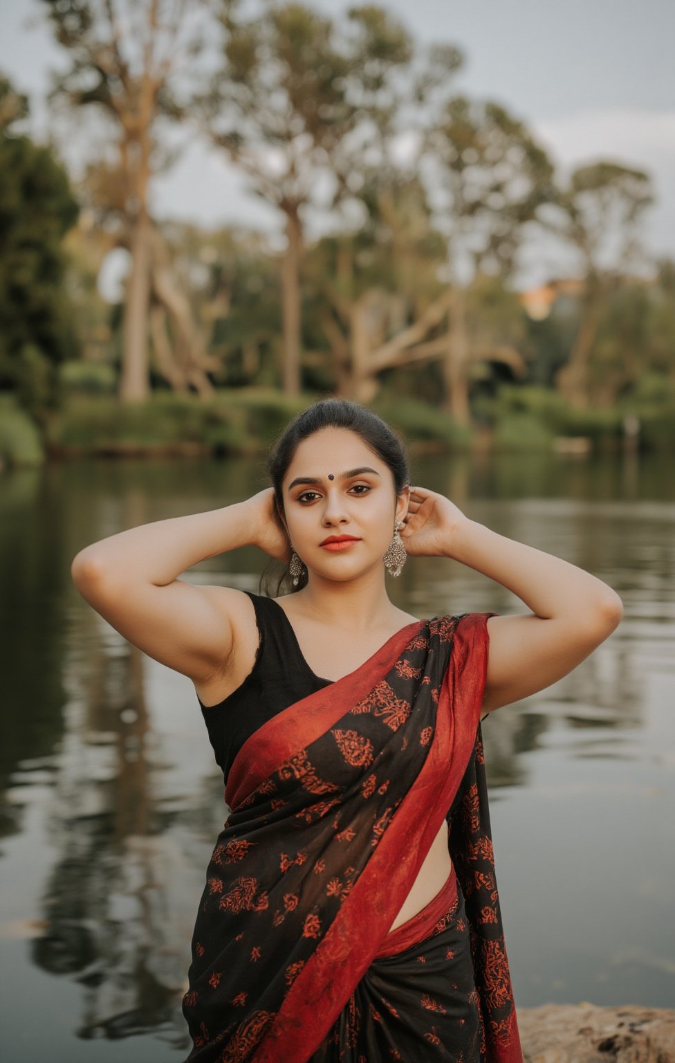 Captured at eye-level, a beautiful Indian woman, dressed in a black and red saree, stands in front of a body of water. Her hair is pulled back in a ponytail, and she's wearing a pair of silver earrings. Her left hand is resting on her hip, and her right hand is draped over her right shoulder. Exposed navel,  and the backdrop is a blend of green and brown trees.