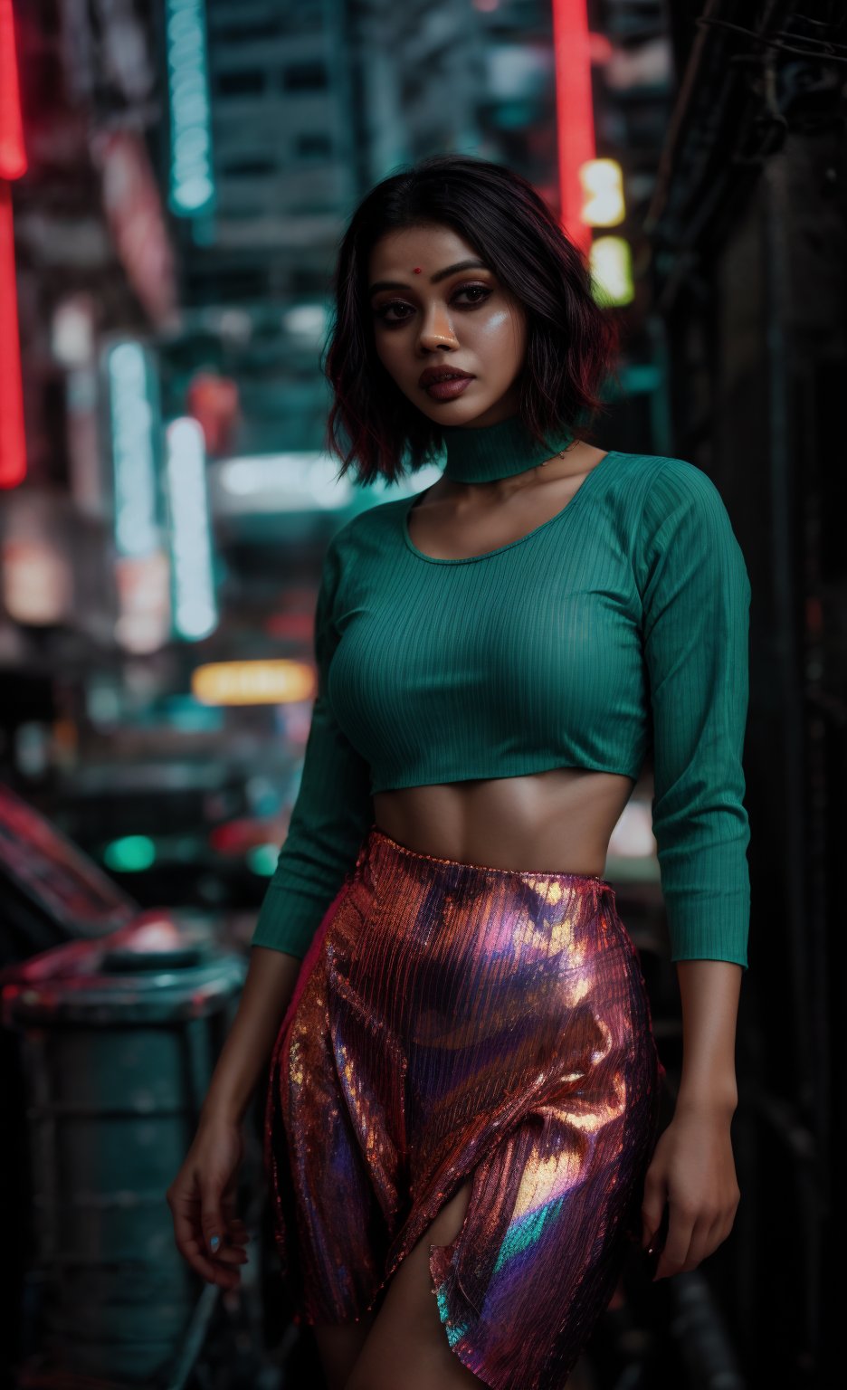 A striking Malayali woman in a cyberpunk-themed environment, captured in a realistic, high-definition photography style that mimics the quality of a Hollywood movie shot on a Sony Red cinematic camera. She is dressed in a futuristic outfit with sleek, metallic elements and neon accents, blending traditional beauty with a modern, edgy twist. Her short hair is styled to complement the cyberpunk aesthetic, perhaps with a bold color or sleek, asymmetrical cut. Midriff 

The setting is a neon-lit urban landscape, with towering buildings and holographic advertisements in the background. The scene is color graded in a strong teal and orange palette, enhancing the futuristic and dystopian atmosphere. Her face reflects determination and confidence, with dramatic lighting highlighting her features and casting dynamic shadows.

The camera angle and composition are cinematic, with a shallow depth of field that keeps the focus on the woman while subtly blurring the intricate details of the cyberpunk cityscape behind her. The overall image exudes a sense of gritty, futuristic elegance, combining the cultural elements of her Malayali heritage with the bold, high-tech world of cyberpunk.,Glowing dots on body