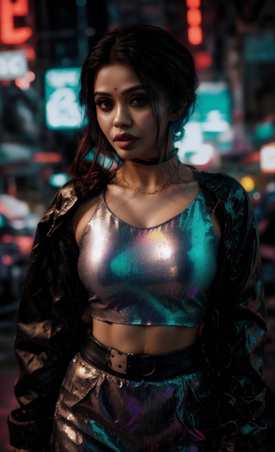 A striking Malayali woman in a cyberpunk-themed environment, captured in a realistic, high-definition photography style that mimics the quality of a Hollywood movie shot on a Sony Red cinematic camera. She is dressed in a futuristic outfit with sleek, metallic elements and neon accents, blending traditional beauty with a modern, edgy twist. Her short hair is styled to complement the cyberpunk aesthetic, perhaps with a bold color or sleek, asymmetrical cut. Midriff 

The setting is a neon-lit urban landscape, with towering buildings and holographic advertisements in the background. The scene is color graded in a strong teal and orange palette, enhancing the futuristic and dystopian atmosphere. Her face reflects determination and confidence, with dramatic lighting highlighting her features and casting dynamic shadows.

The camera angle and composition are cinematic, with a shallow depth of field that keeps the focus on the woman while subtly blurring the intricate details of the cyberpunk cityscape behind her. The overall image exudes a sense of gritty, futuristic elegance, combining the cultural elements of her Malayali heritage with the bold, high-tech world of cyberpunk.,Glowing dots on body