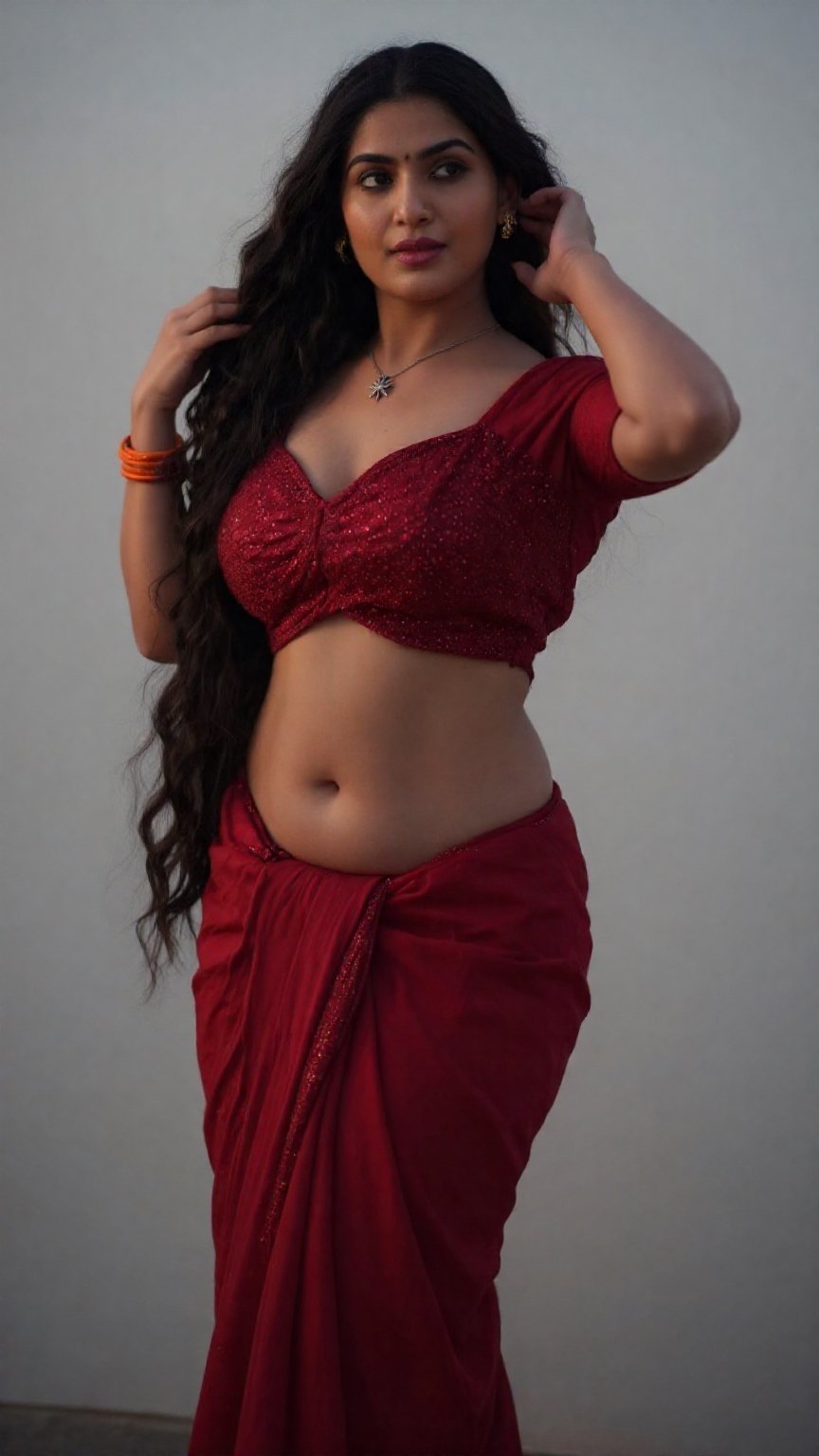 Cinematic photograph of a tall young South Asian woman with realistic warm skin tone and very very long floor-length wavy...