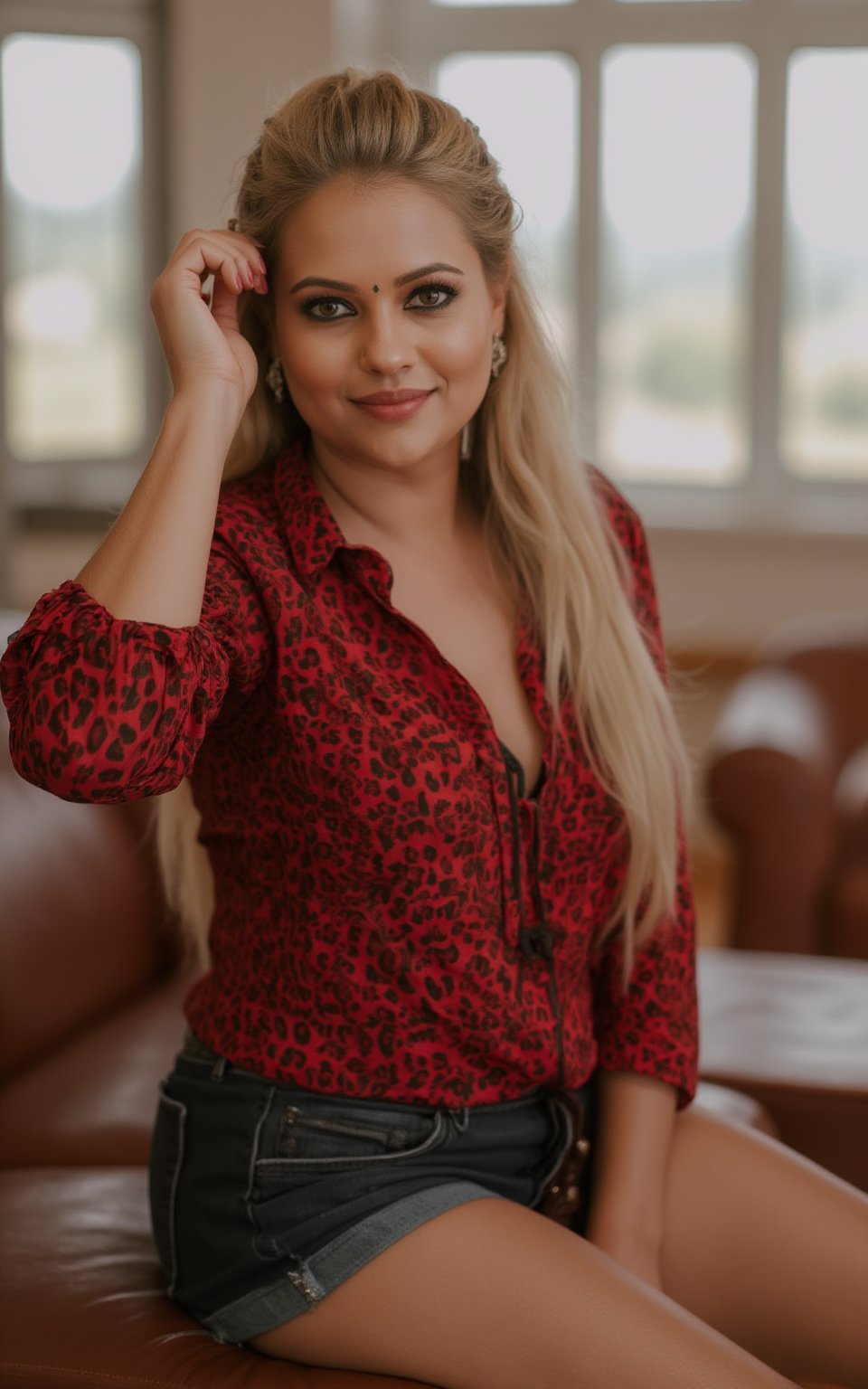 Generate hyper realistic image of a blonde woman with long hair tied in a ponytail. She is seated on a brown leather couch, wearing a striking red and black leopard print shirt and jean shorts. The woman smiles at the viewer, her left hand resting lightly on her head while her right hand is on her hip, showing an easygoing yet confident posture. The background is a blurred room with large windows, giving a sense of openness and light. Her shirt is detailed with a black design on the front.