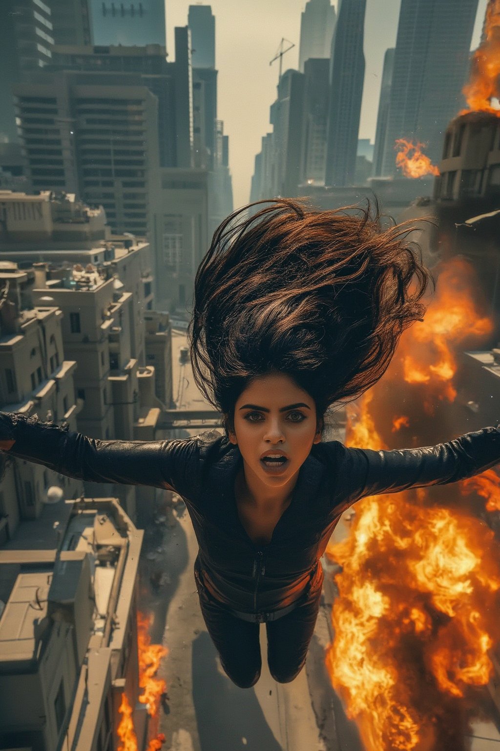 Create a dynamic action scene featuring a powerful Indian woman superhero falling through the sky in a cityscape. The character should have long, flowing black hair and intense facial expression, with her body positioned as if diving downward. Dress her in a sleek black leather suit with tactical gloves, exuding a strong and confident vibe. Surround her with dramatic fiery explosions and broken glass shards to heighten the action intensity. The background should include tall skyscrapers and streets below to create a sense of height and motion. Use a cinematic perspective, capturing her mid-fall from above to emphasize the speed and thrill of the descent. The image should feel energetic and visually dramatic, with a focus on her fearless expression and determined gaze.BREAK
realistic,detailed,sharp focus,high contrast,rule of thirds,depth of perspective,award-winning photo,chiaroscuro,beauy_ks01,ek_art_b00ster,ek_ph0t0_b00ster,Fantasy detailers 