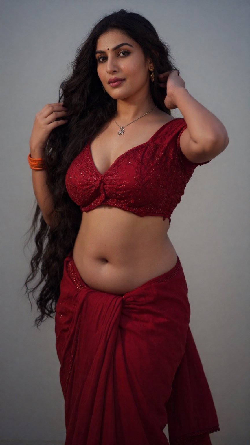 Cinematic photograph of a tall young South Asian woman with realistic warm skin tone and very very long floor-length wavy...