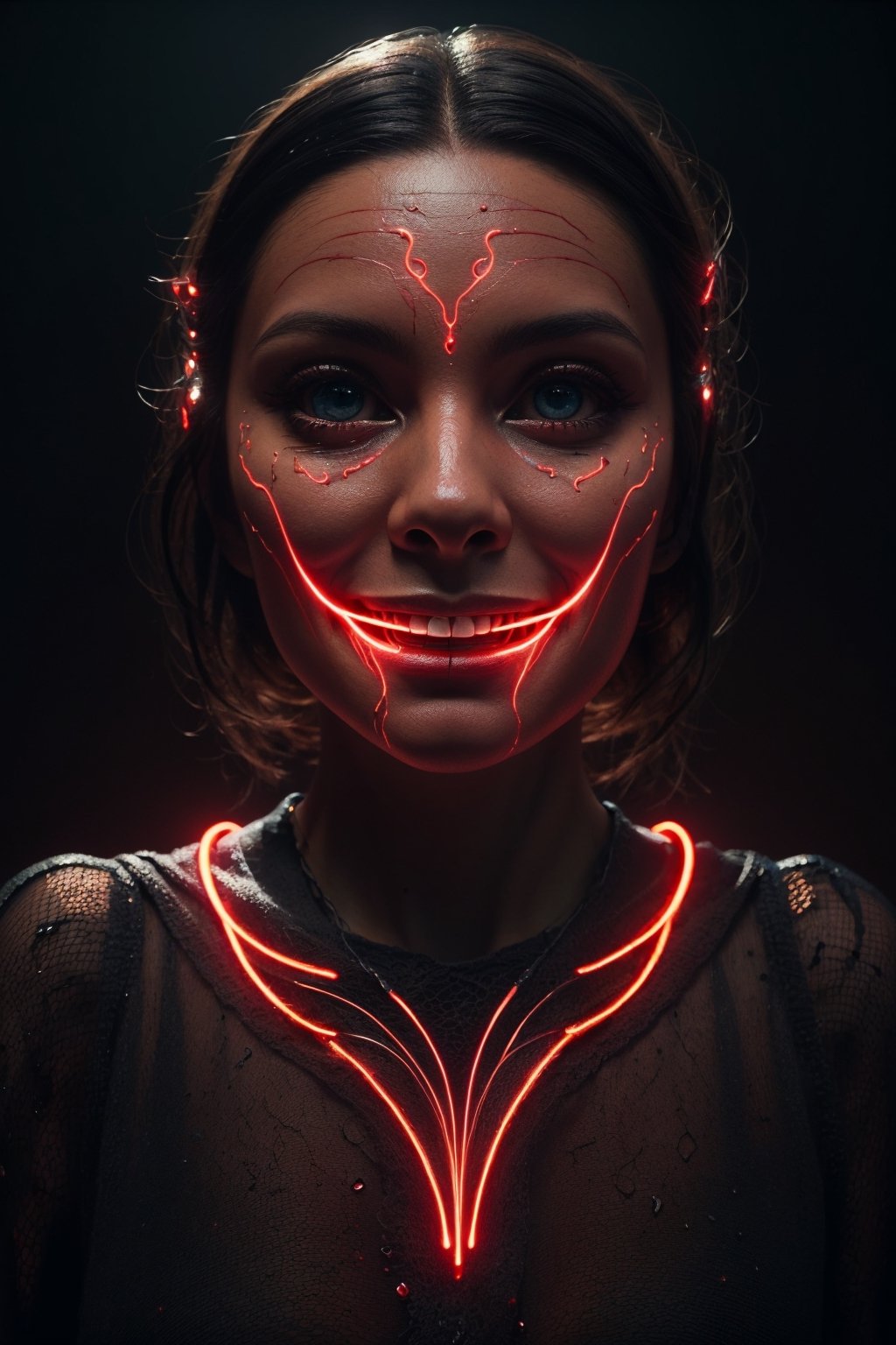 best quality,  8k,  ultra-detailed,  realistic:1.37,  vibrant colors,  vivid shading,  breathtaking portrait of an alien shapeshifter entity,  mesmerizing eyes,  intricate facial details,  otherworldly skin texture,  insane smile,  unnerving and intricate complexity,  surreal horror atmosphere,  dark shadows,  inverted neon rainbow drip paint,  ethereal glow,  hypnotic energy,  transcendent beauty,  mystical aura,  octane render,,Realism,photorealistic,redneonstyle