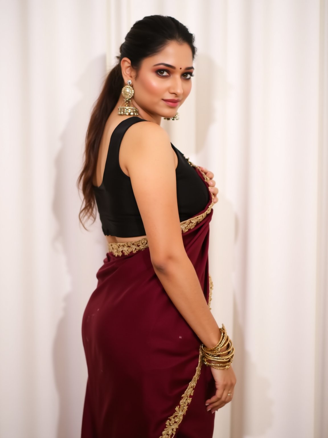 a medium-sized sexy indian woman stands in sidewise in front of a white curtain. She is dressed in a black sleeveless blouse with a maroon sari adorned with gold embroidery. Her hair is pulled back in a ponytail, and she is adorned with a pair of dangling earrings. Her bangles are gold, adding a touch of contrast to her dress. The backdrop is a stark white, creating a stark contrast to the woman's outfit.,photorealistic,Anupama, Warm Lighting,TamannaFlux, IMG0095.HEICl Viewing at camera in a  sensual way