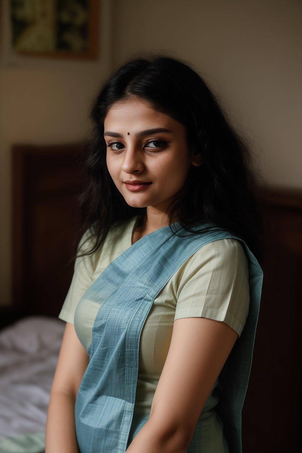 A stunning 25-year-old woman with short hair and double eyelids sits serenely in a dimly lit bedroom, her glowing skin glistening with subtle sheen. Glossy blue eyes lock onto the camera, surrounded by delicate facial features. Her hands gently cover her chest, where wet oil hair cascades down her navel. A traditional mallu ornaments-adorned saree flows effortlessly around her, under a 35mm lens capturing every intricate detail.