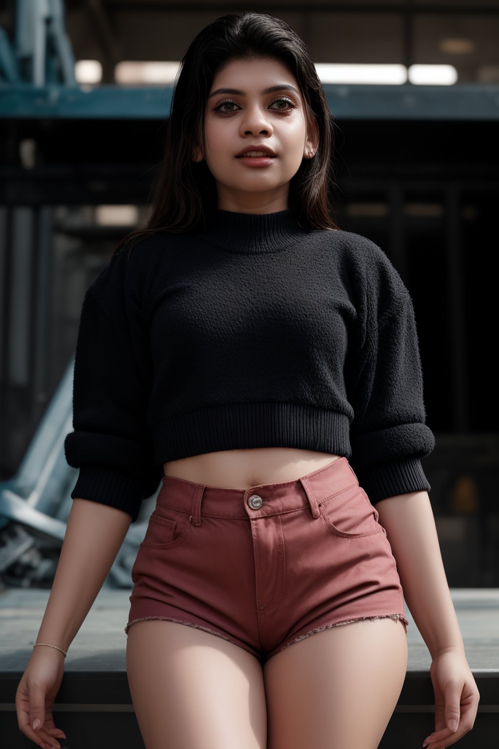 A close-up shot of Mallu's face, red eyes piercing as she gazes directly at the camera. Short black hair frames her striking features against the backdrop of intricate mechanical legs. A black sweater with white logos and text wraps around her torso, paired with shorts tucked into the cybernetic limbs. The bright pink surroundings amplify the immersion, blending human and machine elements in a vibrant cyberpunk setting.