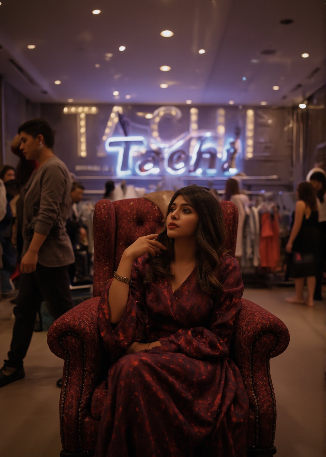 A beautiful woman sits elegantly on a luxurious throne in the center of a stylish boutique dress shop. Behind her, the name of the shop, "Tachi," is displayed prominently in glowing, oversized letters, with cinematic lighting highlighting the scene. In the background, some girls are walking around, browsing through the clothing racks. The focus is on the woman and the bold, glowing shop name, blending seamlessly into the stylish environment.,Tanyx