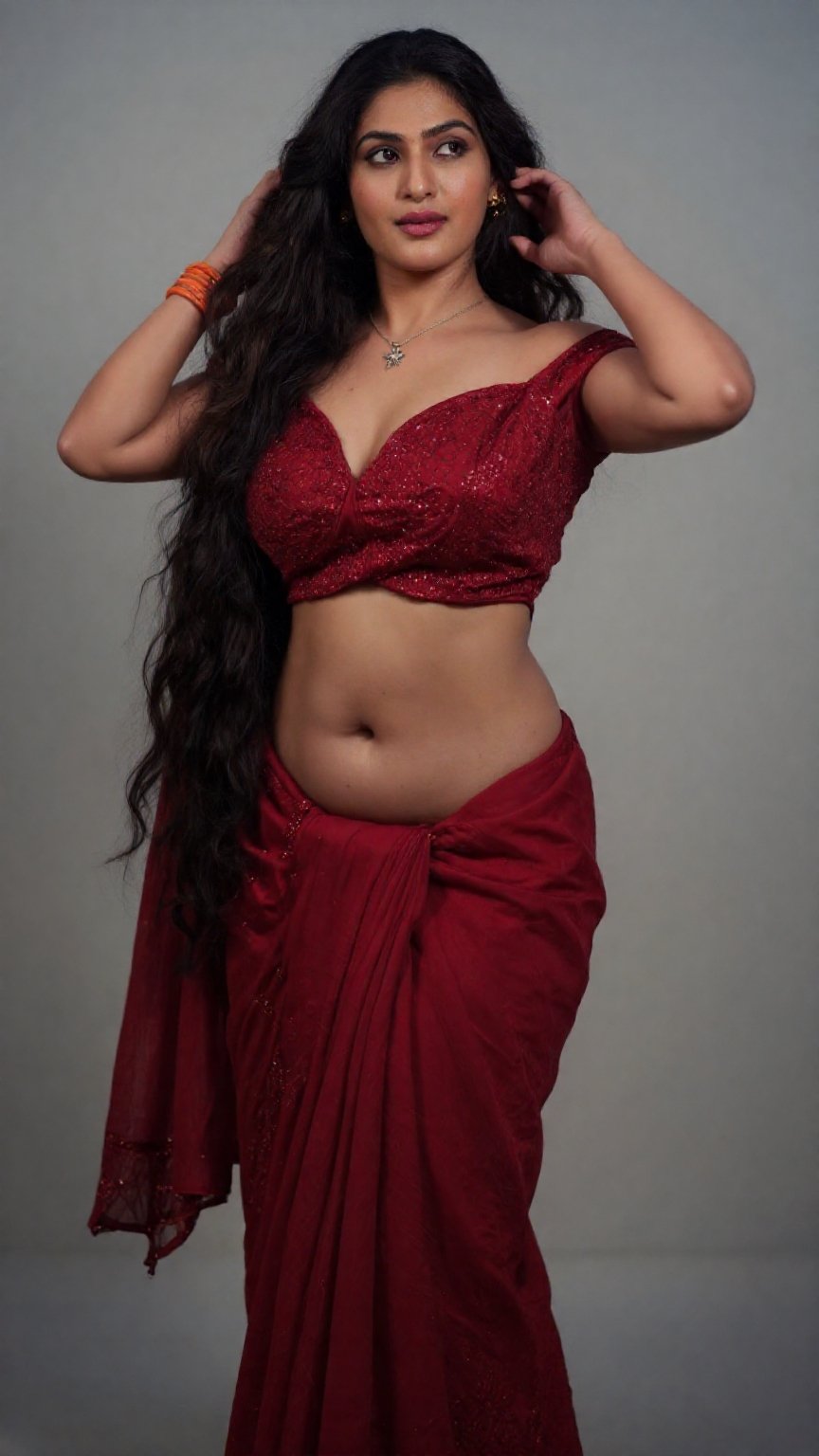 Cinematic photograph of a tall young South Asian woman with realistic warm skin tone and very very long floor-length wavy...