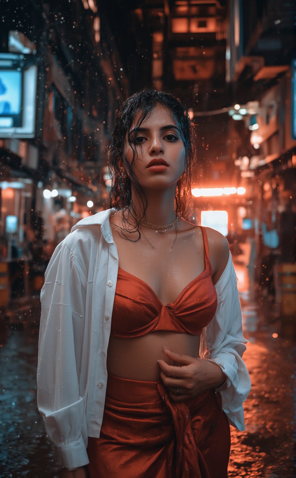 A stunning cyberpunk scene unfolds: a beautiful girl, Sree, stands confidently in the rain-soaked night, midriff exposed beneath a silky anarkali dress. Her sad face is bathed in good lighting, with a dynamic angel pose accentuating her curves. A flare of neon light illuminates her upper body, contrasting with the wetness of her skin and face. In the background, a futuristic mallu setting glows softly, with bokeh effects capturing the city's vibrant energy. Her white shirt glistens with raindrops, as she stands resolute against the urban landscape.