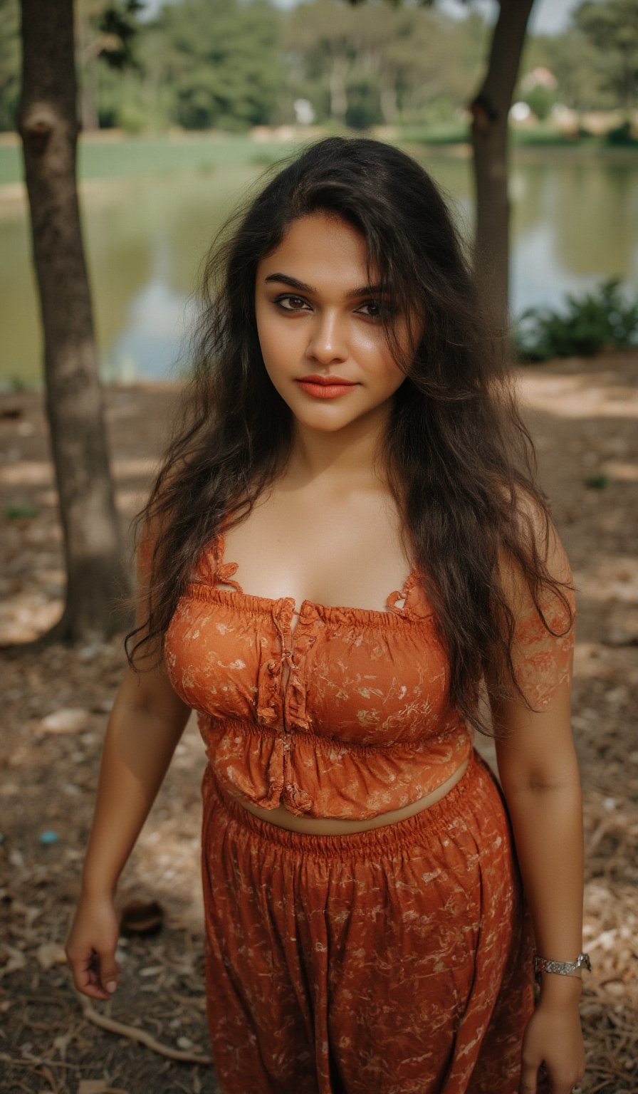 a woman with long, wavy brown hair stands in a forest. She is dressed in a two-piece outfit,creating a peaceful and natural backdrop.,mallu,Traditional,The image is captured using a Fujifilm cinematic camera, with dramatic cinematic lighting enhancing the deep shadows and bright highlights. making her the clear focal point. The camera angle is low, looking slightly upwards to give her an empowering, larger-than-life presence. The textures of the costume and her skin are rendered in high definition, with the soft, natural lighting adding a dreamlike quality to the image., (RAW photo, best quality), (realistic, photo-Realistic:1.1), best quality, masterpiece, beautiful and aesthetic, 16K, (HDR:1.2), high contrast, (vibrant color:1.3), (muted colors, dim colors, soothing tones:0), cinematic lighting, ambient lighting, sidelighting, Exquisite details and textures, cinematic shot, Warm tone, (Bright and intense:1.1), wide shot, by xm887, ultra realistic illustration, siena natural ratio,	head to thigh portrait,	long Wave hair, Traditional,Midjourney_Whisper