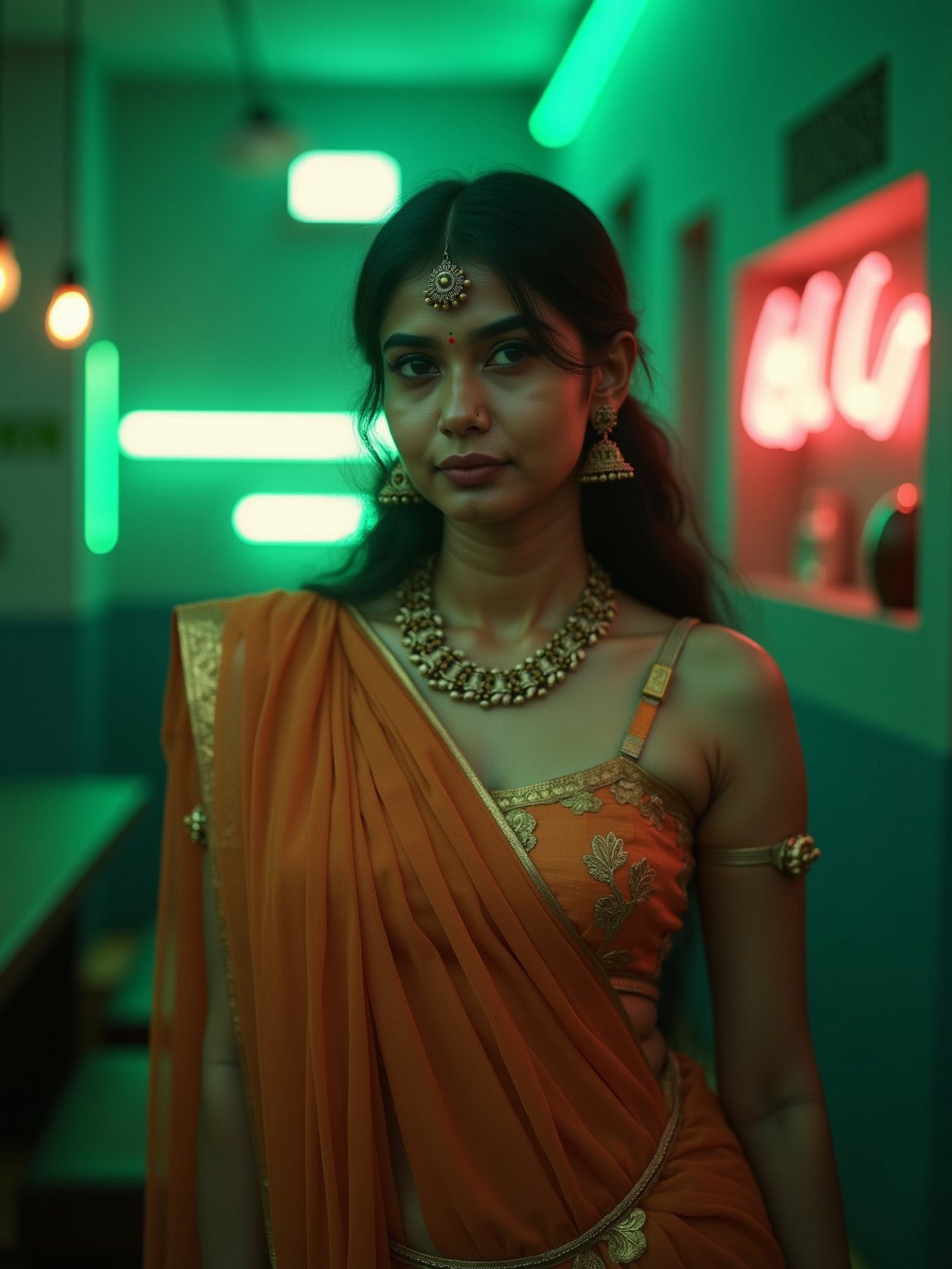 A mallu steampunk women, saree, midriff, The atmosphere is fun and inviting, featuring colors like teal and orange, gray, light green, purple, and orange. Neon lights in green illuminate the space, creating a bokeh and Depth of Fieldeffect. The focus is on the girl from the torso to the head, captured in a cinematic style with a Sony A7R IV full-frame camera,Futuristic,Girl16yo