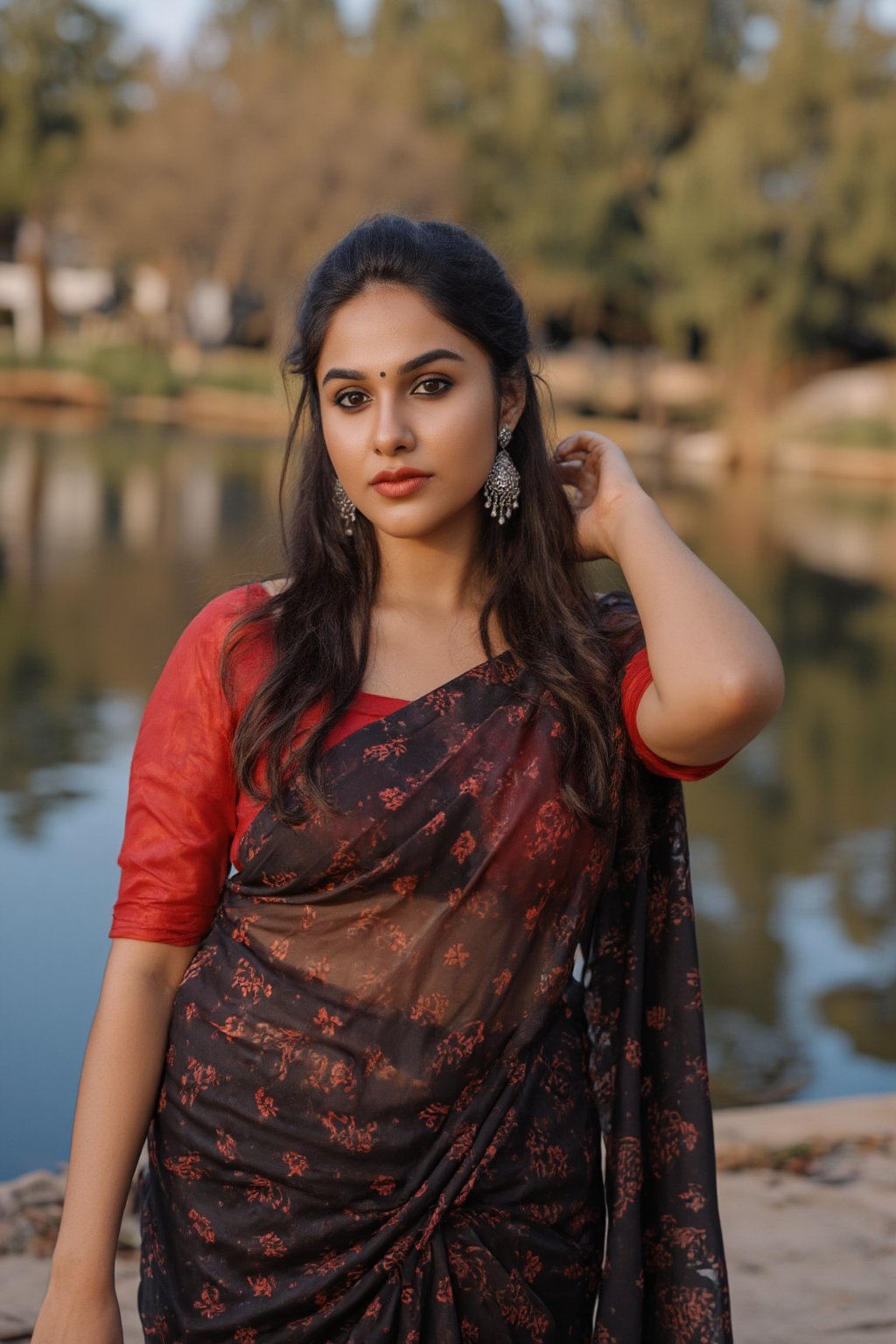 Captured at eye-level, a beautiful Indian woman, dressed in a black and red saree, stands in front of a body of water. Her hair is pulled back in a ponytail, and she's wearing a pair of silver earrings. Her left hand is resting on her hip, and her right hand is draped over her right shoulder. Exposed navel,  and the backdrop is a blend of green and brown trees.