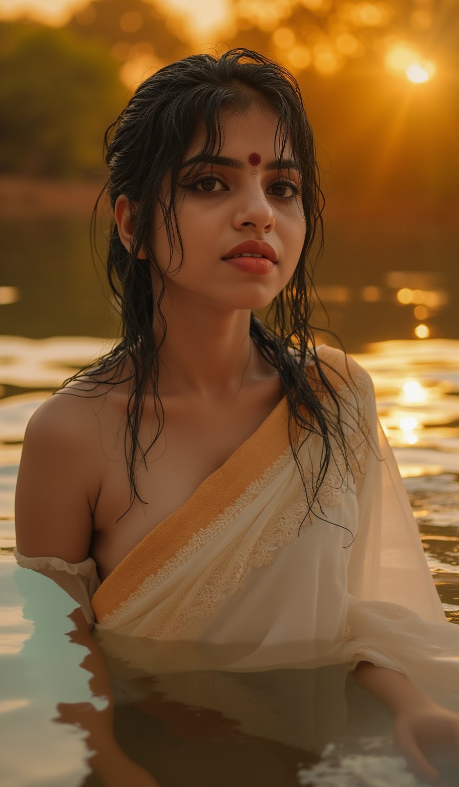 A highly realistic scene of a young woman partially submerged in calm water during sunset. Her skin has natural, human-like textures with soft lighting reflecting off her wet face. She is wearing a traditional white sari with subtle golden accents, drenched in the water. Her hair is loosely tied, with wet strands falling naturally around her face. Her expression is soft and serene, and she wears a small red bindi on her forehead with sindoor in her hair parting. The background shows the realistic reflections of trees and a warm sky, creating a peaceful, lifelike atmosphere without any plastic-like features."