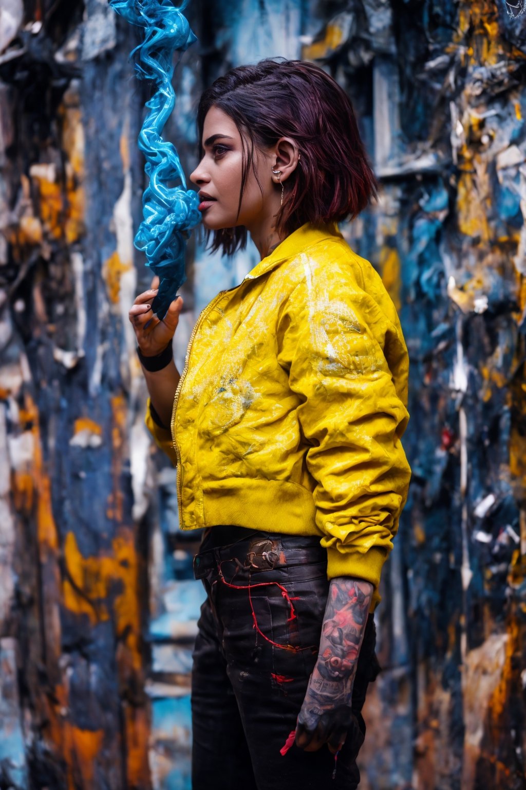 Best quality, masterpiece, woman, big boob , red hair, short hair, yellow eyes, spiky hair, tattoos, black pants, upper body, ear piercings, blue and white bomber jacket, profile picture, smoking,27 yo