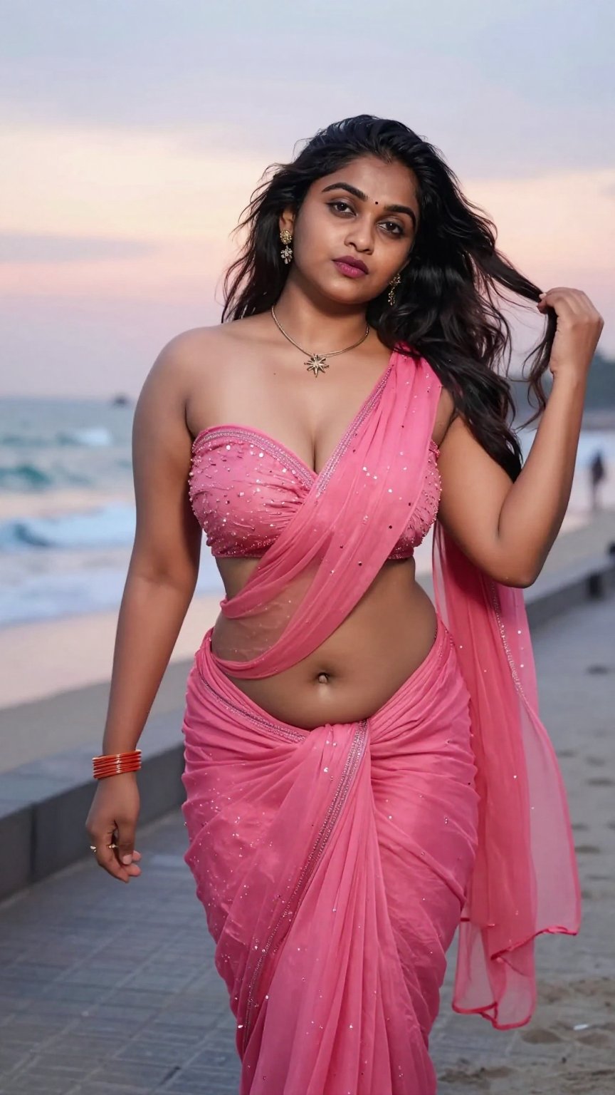 Cinematic photograph of a tall young South Asian woman with realistic warm skin tone and very very long thigh-length wavy...