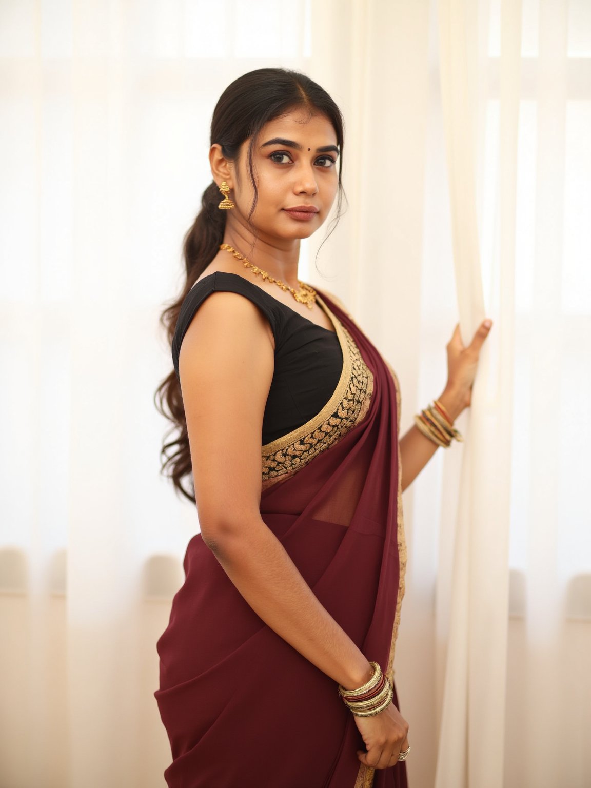 a medium-sized sexy indian woman stands in sidewise in front of a white curtain. She is dressed in a black sleeveless blouse with a maroon sari adorned with gold embroidery. Her hair is pulled back in a ponytail, and she is adorned with a pair of dangling earrings. Her bangles are gold, adding a touch of contrast to her dress. The backdrop is a stark white, creating a stark contrast to the woman's outfit.,photorealistic,Anupama, Warm Lighting,TamannaFlux, IMG0095.HEICl Viewing at camera in a  sensual way,Gil25yo