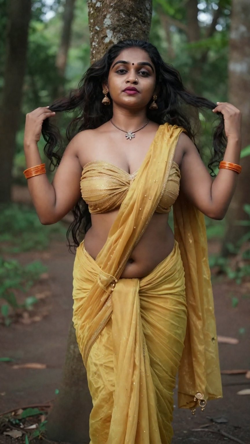 Cinematic photograph of a tall young South Asian woman with realistic warm skin tone and very very long thigh-length wavy...