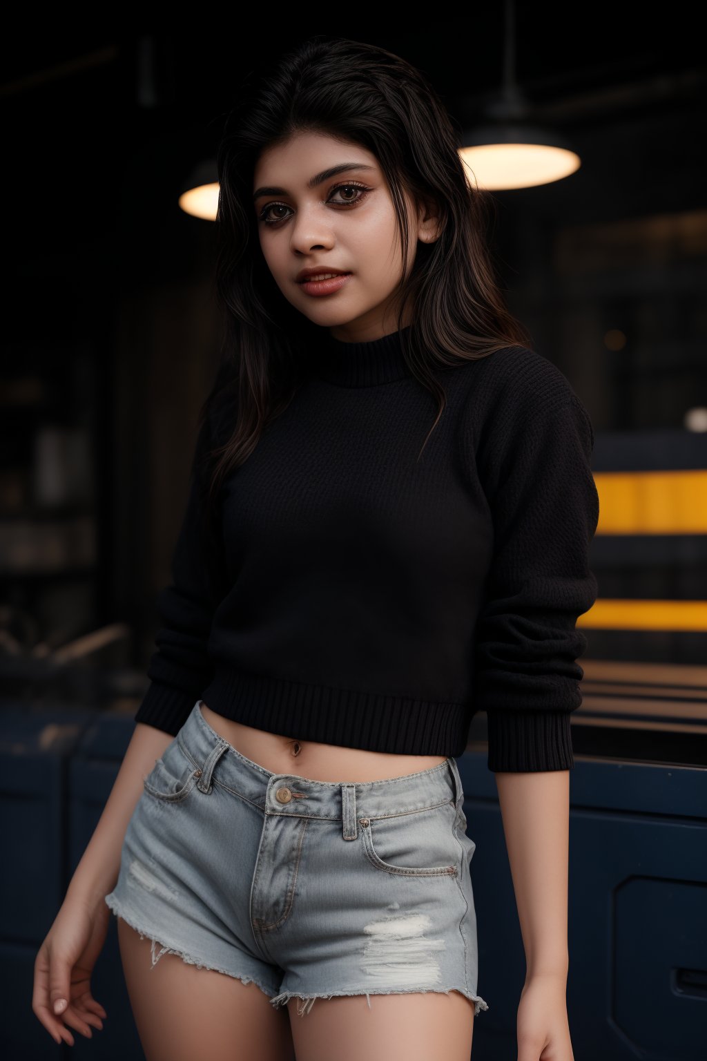 A close-up shot of Mallu's face, red eyes piercing as she gazes directly at the camera. Short black hair frames her striking features against the backdrop of intricate mechanical legs. A black sweater with white logos and text wraps around her torso, paired with shorts tucked into the cybernetic limbs. The bright pink surroundings amplify the immersion, blending human and machine elements in a vibrant cyberpunk setting.