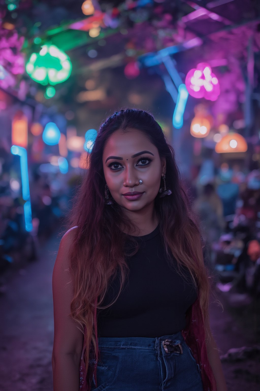 The atmosphere is fun and inviting, featuring colors like black, blue, dark blue, dark purple, gray, light green, purple, and orange. Neon lights in pink, blue, and green illuminate the space, creating a bokeh and Depth of Fieldeffect. The focus is on the girl from the torso to the head, captured in a cinematic style with a Sony A7R IV full-frame camera,Busty