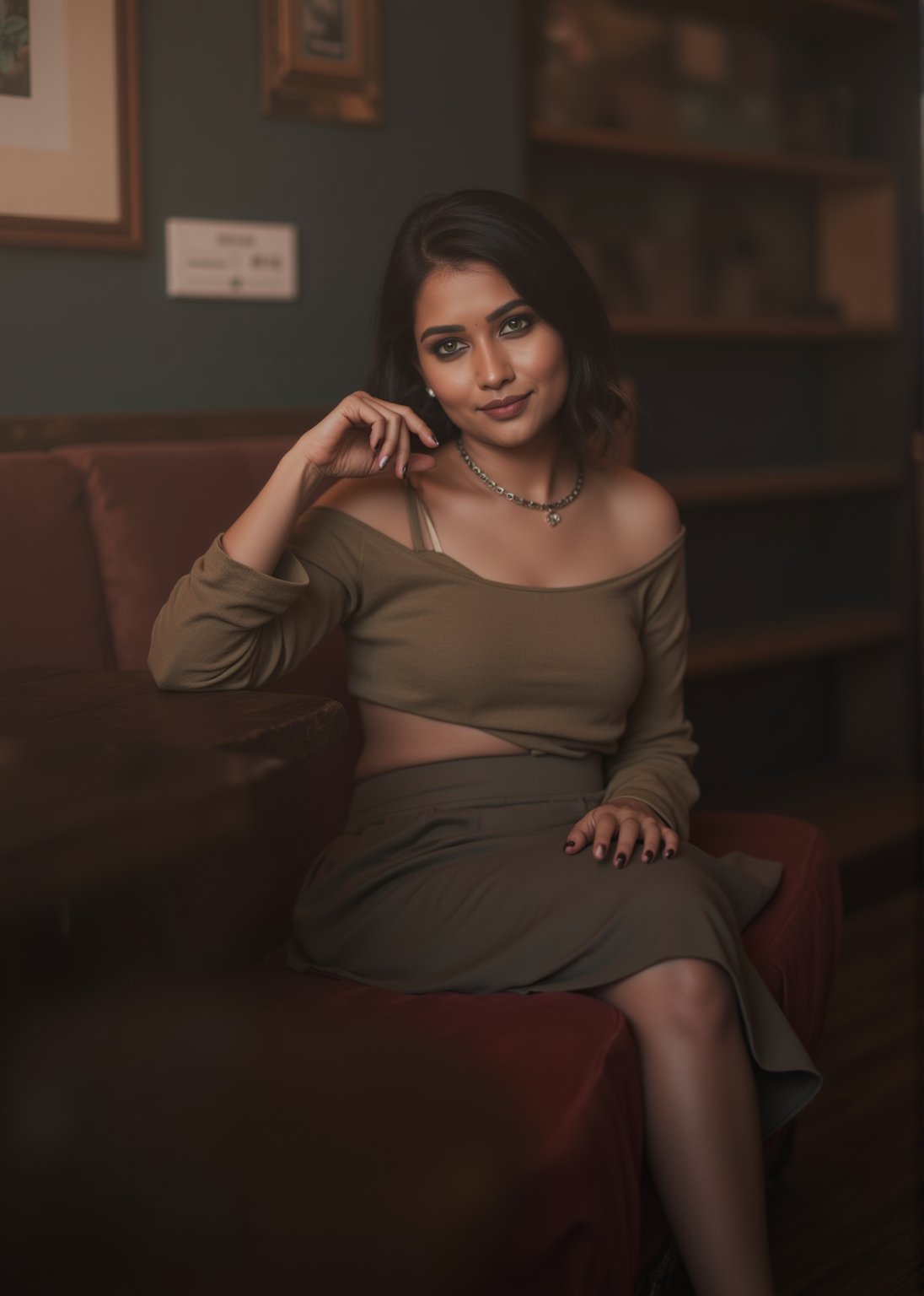 A young Japanese woman wearing a long skirt and an off shoulder sweater with short hair is sitting on the sofa in a pub with smoke and fog,masterpiece,best quality,ultra detailed face,ultra detailed,4k,evil smile,crazy smile,((green eyes,greeneyes,green_eyes)),skinny,tummy,30yo