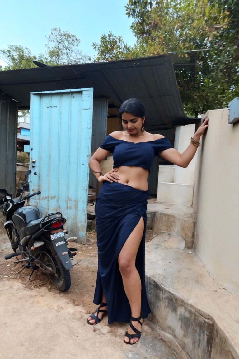 1girl, mallu, solo, long hair, skirt, black hair, navel, jewelry, standing, full body, earrings, outdoors, midriff, off shoulder, crop top, sandals, , long skirt, realistic, off-shoulder shirt