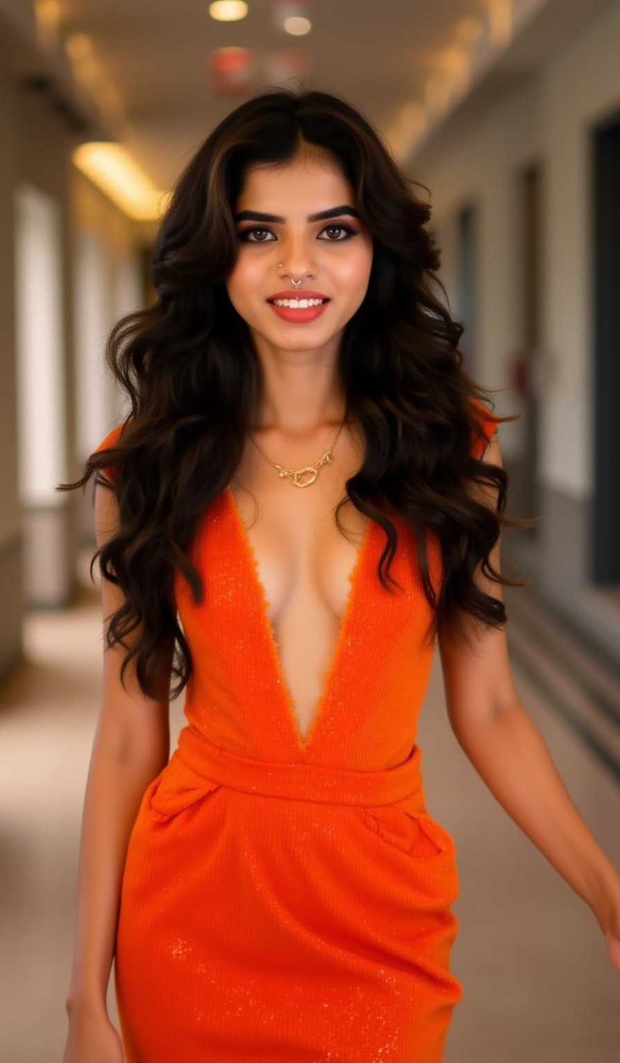 "A highly realistic portrait of a young woman standing confidently in a modern, well-lit corridor. She has long, dark hair flowing over her shoulders, styled in soft waves. She is wearing a bold, form-fitting, shimmering orange dress with a deep V-neckline. Her expression is warm and inviting, with dark eye makeup enhancing her eyes. She wears a nose ring and a delicate gold necklace. The background features a blurred walkway with soft lighting, creating a contemporary and fashionable atmosphere, while the woman remains the clear focal point of the image."

For real-person details:

Hair: Long, wavy, and dark.
Outfit: Orange, shimmering, form-fitting dress with a deep V-neck.
Accessories: Nose ring and a gold necklace.
Pose/Expression: Confident and approachable, standing in a modern setting.