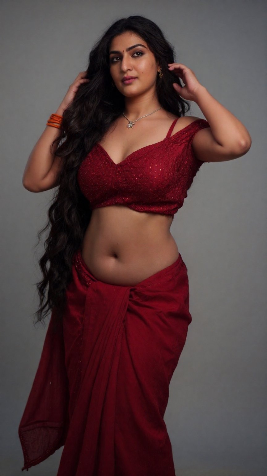 Cinematic photograph of a tall young South Asian woman with realistic warm skin tone and very very long floor-length wavy...