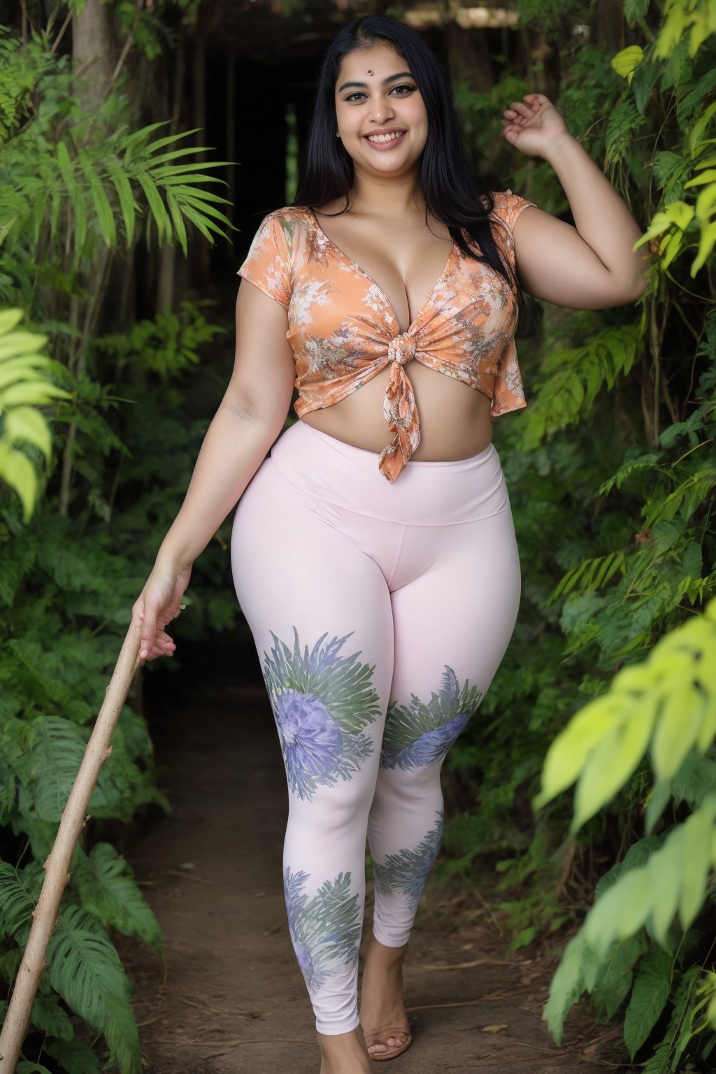 A chubby Indian woman confidently stands amidst the vibrant foliage of a lush forest, her silky yellow top with a deep neckline and front knot glistening in the dappled sunlight. Her peach-colored leggings blend harmoniously with the surrounding greenery as she holds two sticks, exuding warmth and joy. A gentle smile plays on her lips, radiating a sense of adventure and contentment.