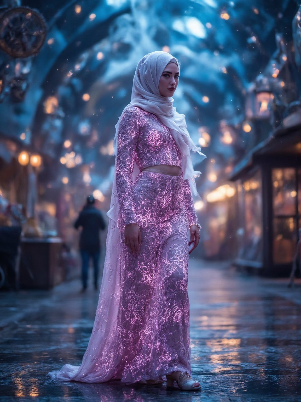 The main subject, a hijabi woman in neon glow wireframe clothing, navigates through a bustling steampunk market adorned with spinning clockwork mechanisms and cascading hourglasses at night. The scene is captured from an over-the-shoulder angle, highlighting the vibrant glow of her attire. Soft, diffused lighting creates shimmering effects on the wireframe surfaces, with reflections emphasizing the intricate clockwork around her. The background features blurred cogs and sand flowing in hourglasses, all softened to accentuate the main subject's presence. The starry sky with billowing steam enhances the overall enchanting atmosphere.

(1.6-1) dS = δQ_rev/T::0.6 neon wireframe::0.4 steampunk market with clockwork and hourglass elements --s 8k photorealistic,Magicallights,divinelights,Neonwireframe,SteampunkHijab,Beauty 