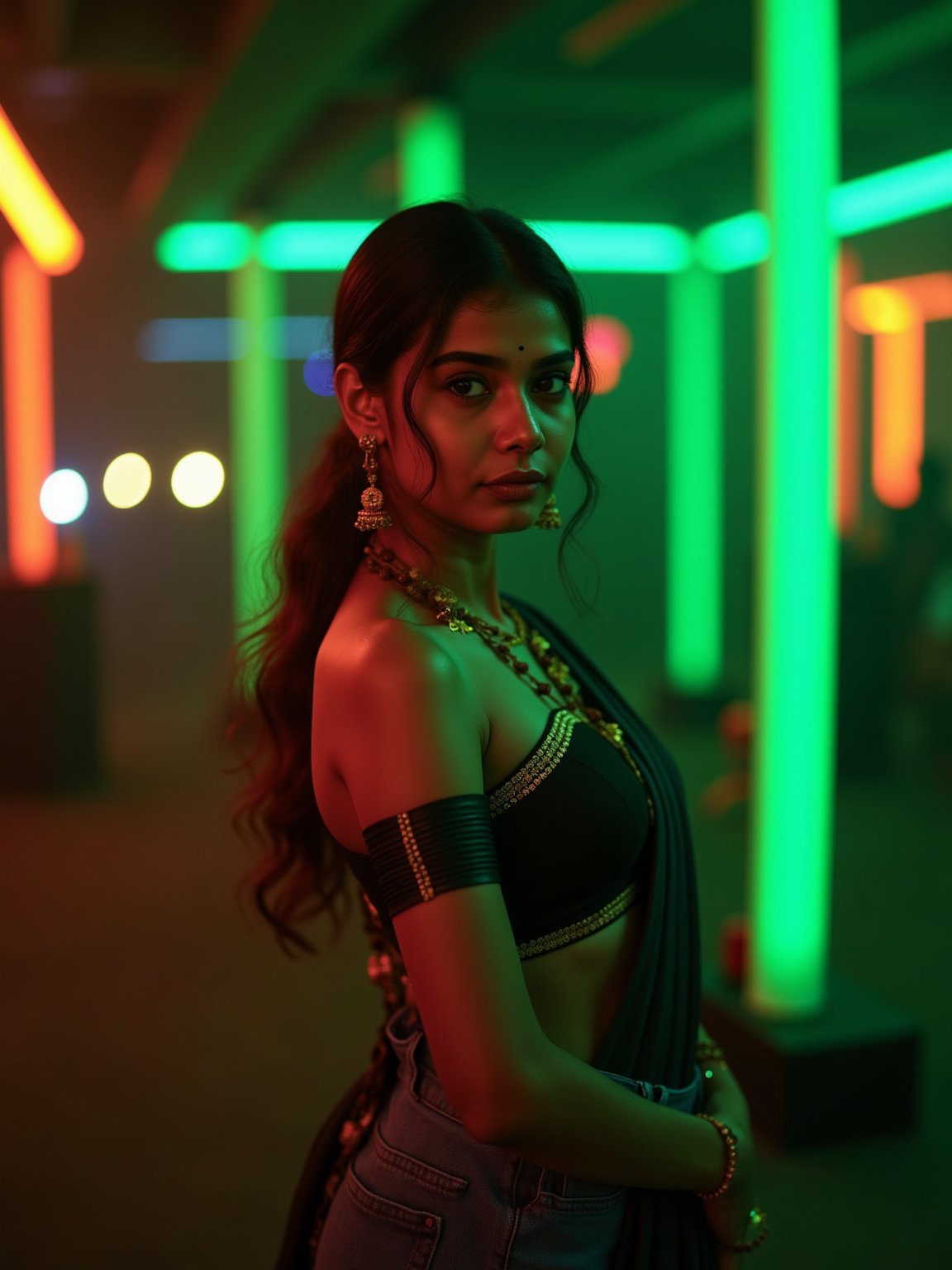 A mallu steampunk women, saree, midriff, The atmosphere is fun and inviting, featuring colors like black,, gray, light green, purple, and orange. Neon lights in green illuminate the space, creating a bokeh and Depth of Fieldeffect. The focus is on the girl from the torso to the head, captured in a cinematic style with a Sony A7R IV full-frame camera,Futuristic,Girl16yo