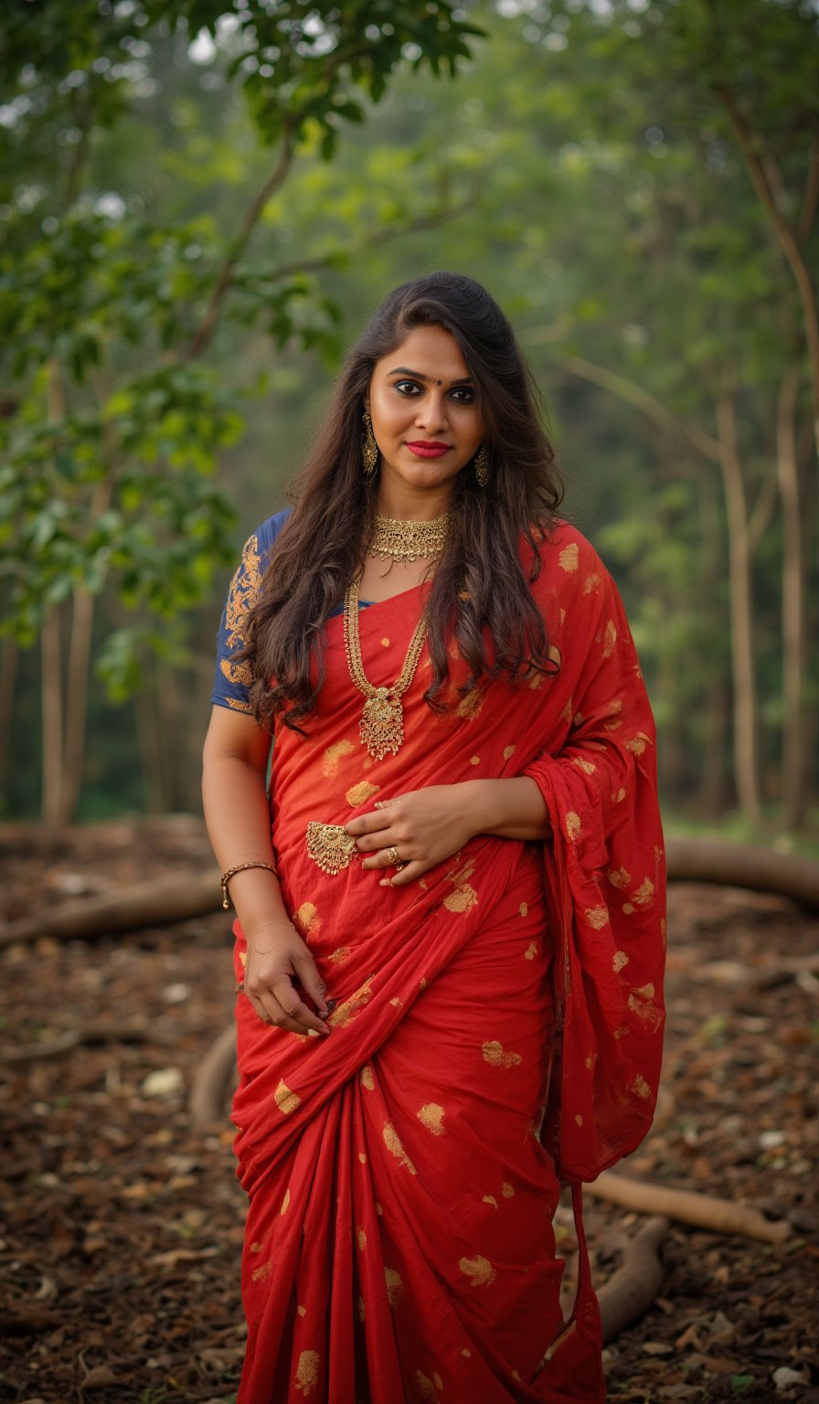 a woman with long, wavy brown hair stands in a forest. She in traditional outfit, adorned with a gold belt and a blue blouse, red saree, Her dress is adorned with gold stripes, adding a touch of color to the scene. Navel exposed, The woman's attire is adorned by a gold necklace, adding an accent of charm to her outfit. The backdrop is lush, full of trees and foliage, creating a peaceful and natural backdrop.,mallu,Traditional,

The image is captured using a Fujifilm cinematic camera, with dramatic cinematic lighting enhancing the deep shadows and bright highlights. The scene is shot with a wide aperture, creating a shallow depth of field that blurs the forest background, making her the clear focal point. The camera angle is low, looking slightly upwards to give her an empowering, larger-than-life presence. The textures of the costume and her skin are rendered in high definition, with the soft, natural lighting adding a dreamlike quality to the image., (RAW photo, best quality), (realistic, photo-Realistic:1.1), best quality, masterpiece, beautiful and aesthetic, 16K, (HDR:1.2), high contrast, (vibrant color:1.3), (muted colors, dim colors, soothing tones:0), cinematic lighting, ambient lighting, sidelighting, Exquisite details and textures, cinematic shot, Warm tone, (Bright and intense:1.1), wide shot, by xm887, ultra realistic illustration, siena natural ratio,	head to thigh portrait,	long Wave hair, Traditional 