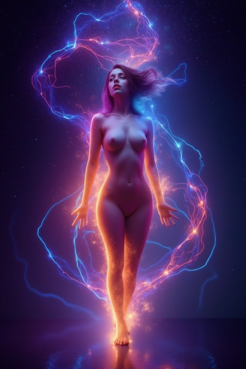 A cosmic vision of a seductive woman, her body emitting radiant energy and glowing plasma. Her form is lifelike and detailed, rendered in ultra-high definition, with her skin reflecting a soft neon glow. Swirling energy fields surround her, as vibrant plasma flows from her body into the cosmic background of stars and galaxies. The overall scene is a masterpiece, blending the sensual beauty of the woman with otherworldly cosmic power.
