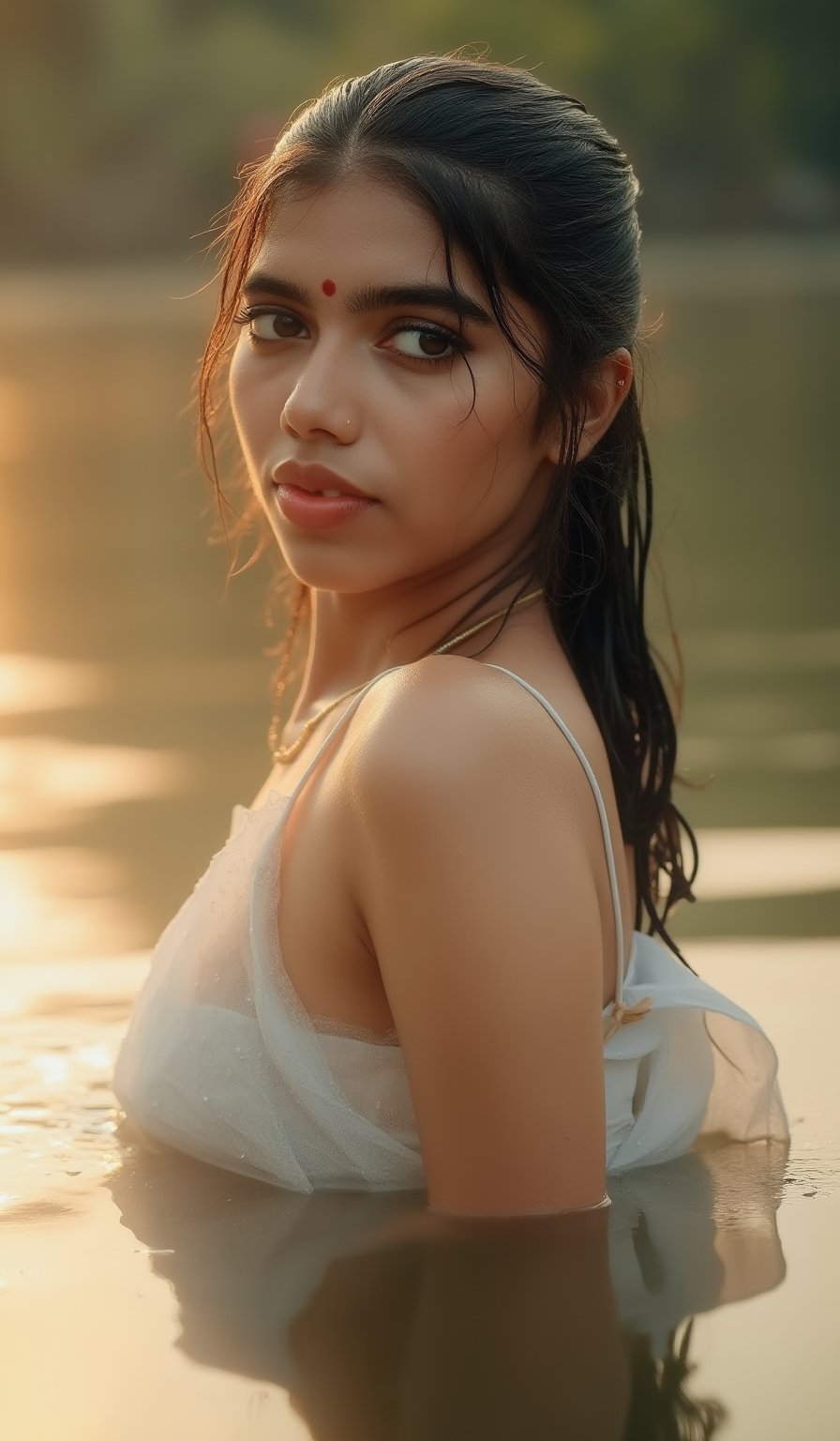 A highly realistic scene of a young woman partially submerged in calm water during sunset. Her skin has natural, human-like textures with soft lighting reflecting off her wet face. She is wearing a traditional white sari with subtle golden accents, drenched in the water. Her hair is loosely tied, with wet strands falling naturally around her face. Her expression is soft and serene, and she wears a small red bindi on her forehead with sindoor in her hair parting. The background shows the realistic reflections of trees and a warm sky, creating a peaceful, lifelike atmosphere without any plastic-like features."