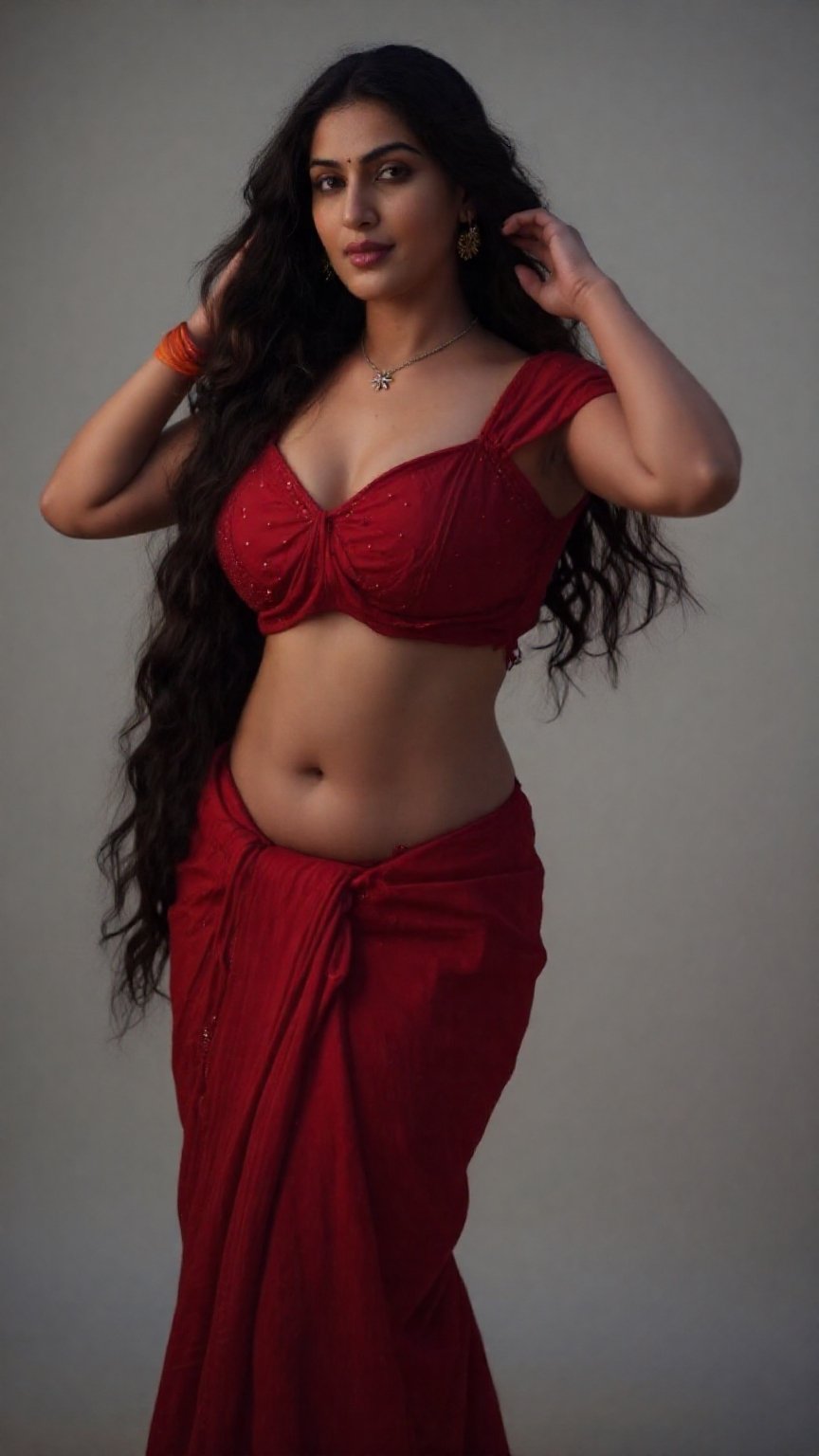 Cinematic photograph of a tall young South Asian woman with realistic warm skin tone and very very long floor-length wavy...