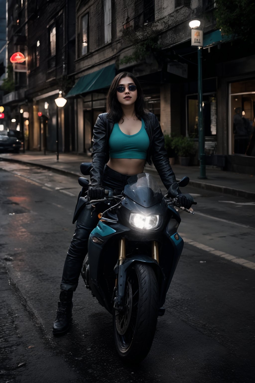 A stunning Malayali woman with short hair, dressed in a modern, stylish outfit that exposes her midriff. She is confidently riding a BMW S1000RR motorcycle, captured in a realistic, high-definition photography style. The woman has an expressive face, reflecting excitement and thrill as she rides the bike. Her outfit is contemporary, perhaps a crop top paired with high-waisted jeans or a leather jacket, fitting the sleek and bold vibe of the scene.

The image is color graded in a cinematic style, reminiscent of the Matrix movie, with a strong teal and orange color palette that enhances the intensity of the scene. The lighting creates a dramatic effect, highlighting the contours of her face and the shine of the motorcycle. The background is slightly blurred to emphasize motion, but still hints at an urban environment. The overall composition exudes a sense of modernity, freedom, and adventure, with the woman and the bike as the focal points.
