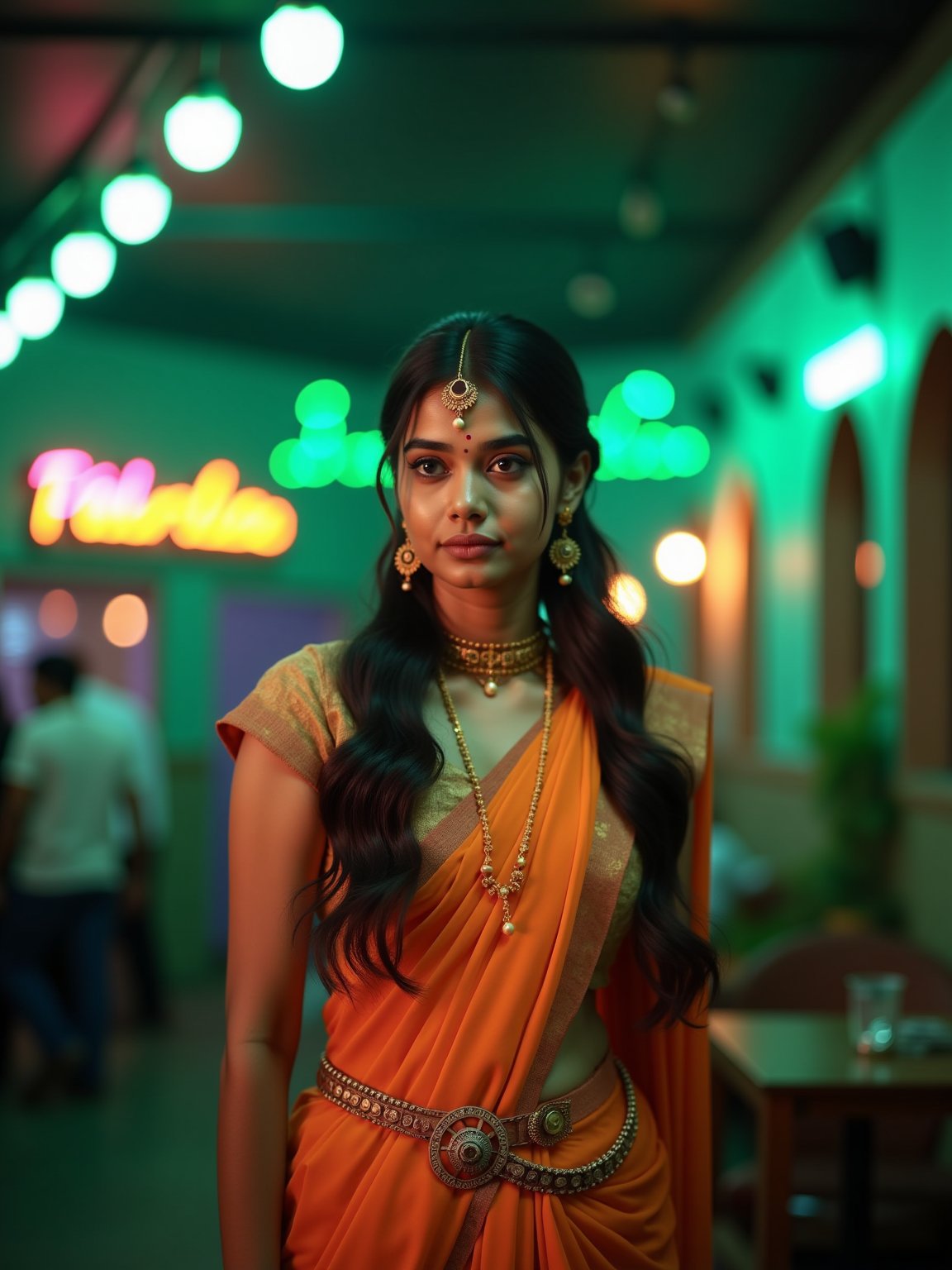 A mallu steampunk women, saree, midriff, The atmosphere is fun and inviting, featuring colors like teal and orange, gray, light green, purple, and orange. Neon lights in green illuminate the space, creating a bokeh and Depth of Fieldeffect. The focus is on the girl from the torso to the head, captured in a cinematic style with a Sony A7R IV full-frame camera,Futuristic,Girl16yo