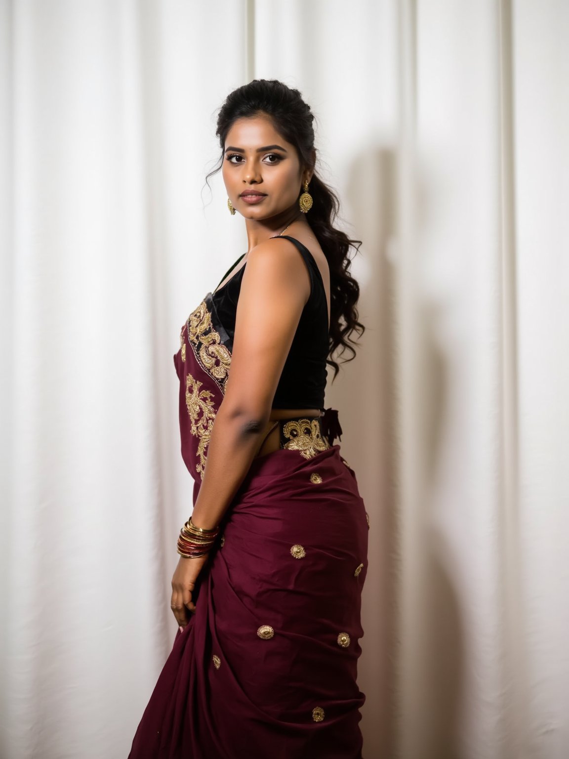 a medium-sized sexy indian woman stands in sidewise in front of a white curtain. She is dressed in a black sleeveless blouse with a maroon sari adorned with gold embroidery. Her hair is pulled back in a ponytail, and she is adorned with a pair of dangling earrings. Her bangles are gold, adding a touch of contrast to her dress. The backdrop is a stark white, creating a stark contrast to the woman's outfit.,photorealistic,Anupama, Warm Lighting,TamannaFlux, IMG0095.HEICl Viewing at camera in a  sensual way,Gil25yo