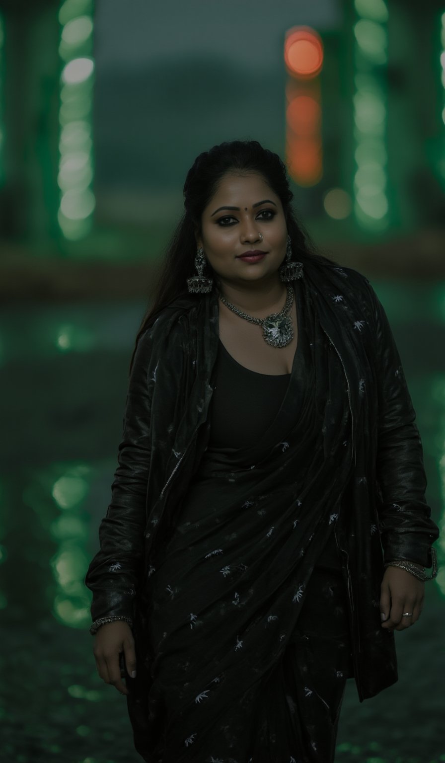 A photorealistic portrait of an Indian woman in her late 20s with dark brown skin, long straight black hair, and sharp features. She is dressed in a saree , top of that saree a sleek black leather coat with futuristic, tech-inspired accessories. Her eyes  giving her a mysterious, powerful look. The background is a dark, cyberpunk cityscape with green digital rain falling behind her, reminiscent of the Matrix. The lighting is low, with glowing neon lights reflecting off her leather outfit, enhancing the dramatic, action-movie atmosphere.
