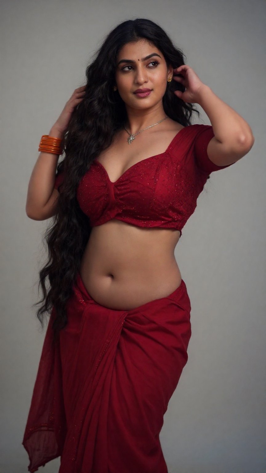 Cinematic photograph of a tall young South Asian woman with realistic warm skin tone and very very long floor-length wavy...