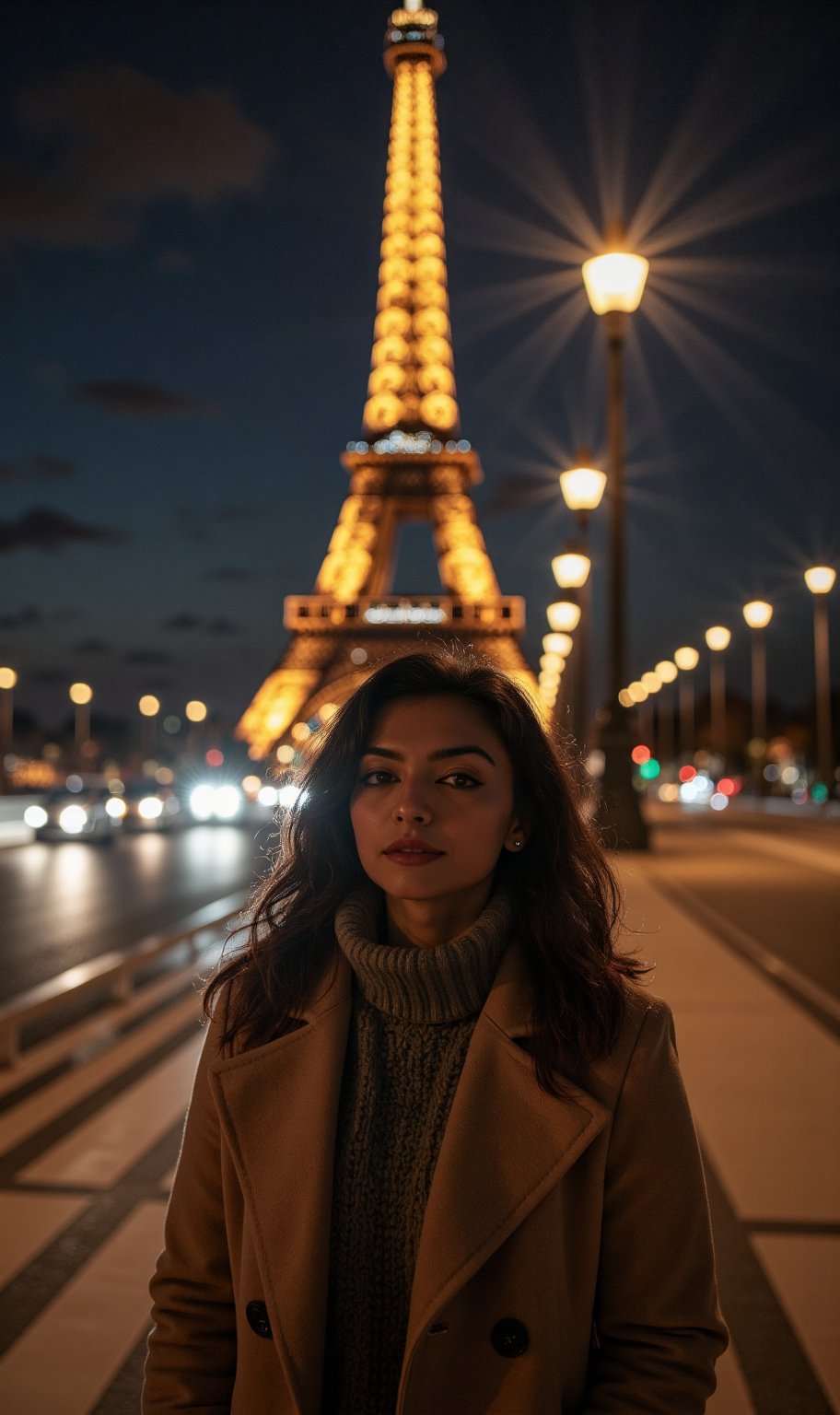 1girl, beautiful, paris, eiffel, night, masterpiece, best quality, high resolution, 8k, sharp focus, cinematography, cinematic lighting, movie scene, muted colors, professional, depth of field, photorealistic, magnificent, maximum details, (RAW, dslr, hdr, highest quality), smooth, roughness, hyper realistic, film grain, bokeh, epic, dramatic, wearing long coat, cinematic long shot, wide shot, full body shot, her long, looking at camera, smile, stand pose,Mallu woman