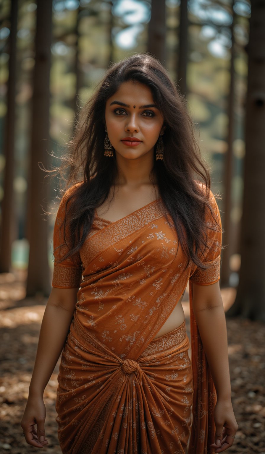 a woman with long, wavy brown hair stands in a forest. She is dressed in a two-piece outfit,creating a peaceful and natural backdrop.,mallu,Traditional,The image is captured using a Fujifilm cinematic camera, with dramatic cinematic lighting enhancing the deep shadows and bright highlights. making her the clear focal point. The camera angle is low, looking slightly upwards to give her an empowering, larger-than-life presence. The textures of the costume and her skin are rendered in high definition, with the soft, natural lighting adding a dreamlike quality to the image., (RAW photo, best quality), (realistic, photo-Realistic:1.1), best quality, masterpiece, beautiful and aesthetic, 16K, (HDR:1.2), high contrast, (vibrant color:1.3), (muted colors, dim colors, soothing tones:0), cinematic lighting, ambient lighting, sidelighting, Exquisite details and textures, cinematic shot, Warm tone, (Bright and intense:1.1), wide shot, by xm887, ultra realistic illustration, siena natural ratio,	head to thigh portrait,	long Wave hair, Traditional,Midjourney_Whisper